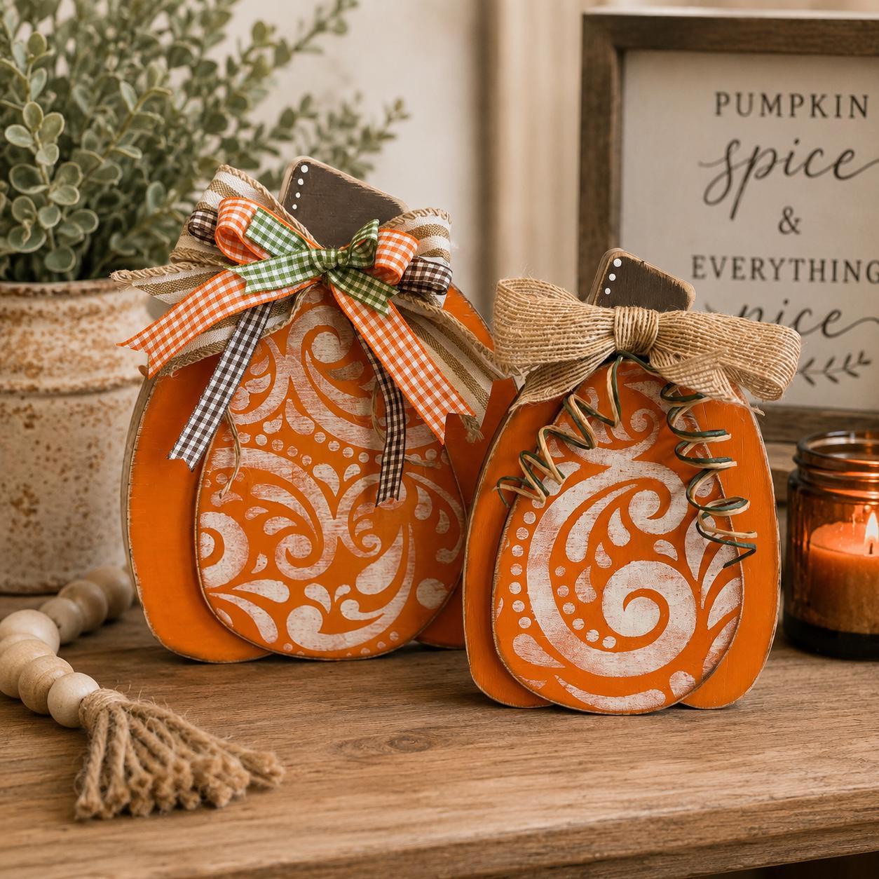 Rustic Wooden Pumpkin Shelf Sitters for Fall Farmhouse Decor, Handmade Harvest Pumpkin Set, Chunky Autumn Mantel Decor