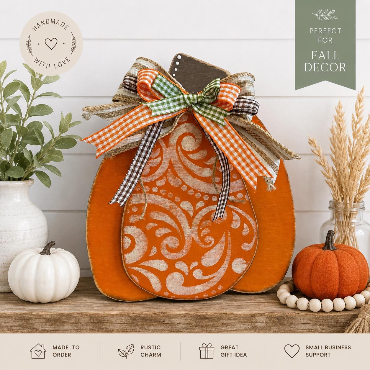Rustic Wooden Pumpkin Shelf Sitters for Fall Farmhouse Decor, Handmade Harvest Pumpkin Set, Chunky Autumn Mantel Decor
