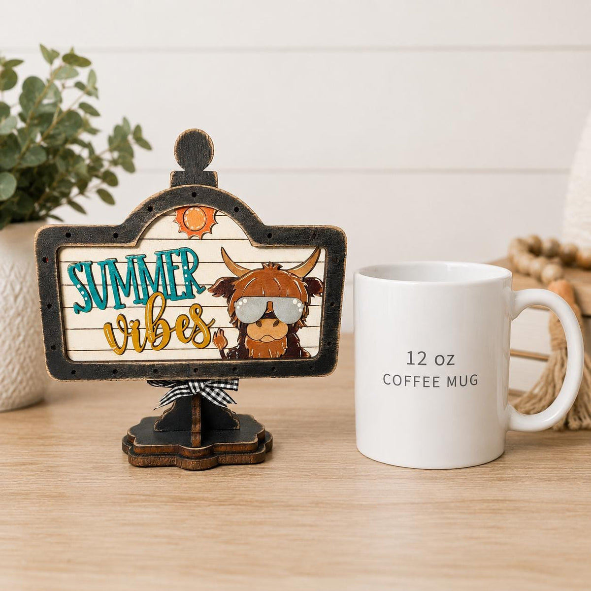 Summer Vibes Highland Cow Interchangeable Wooden Mini Sign