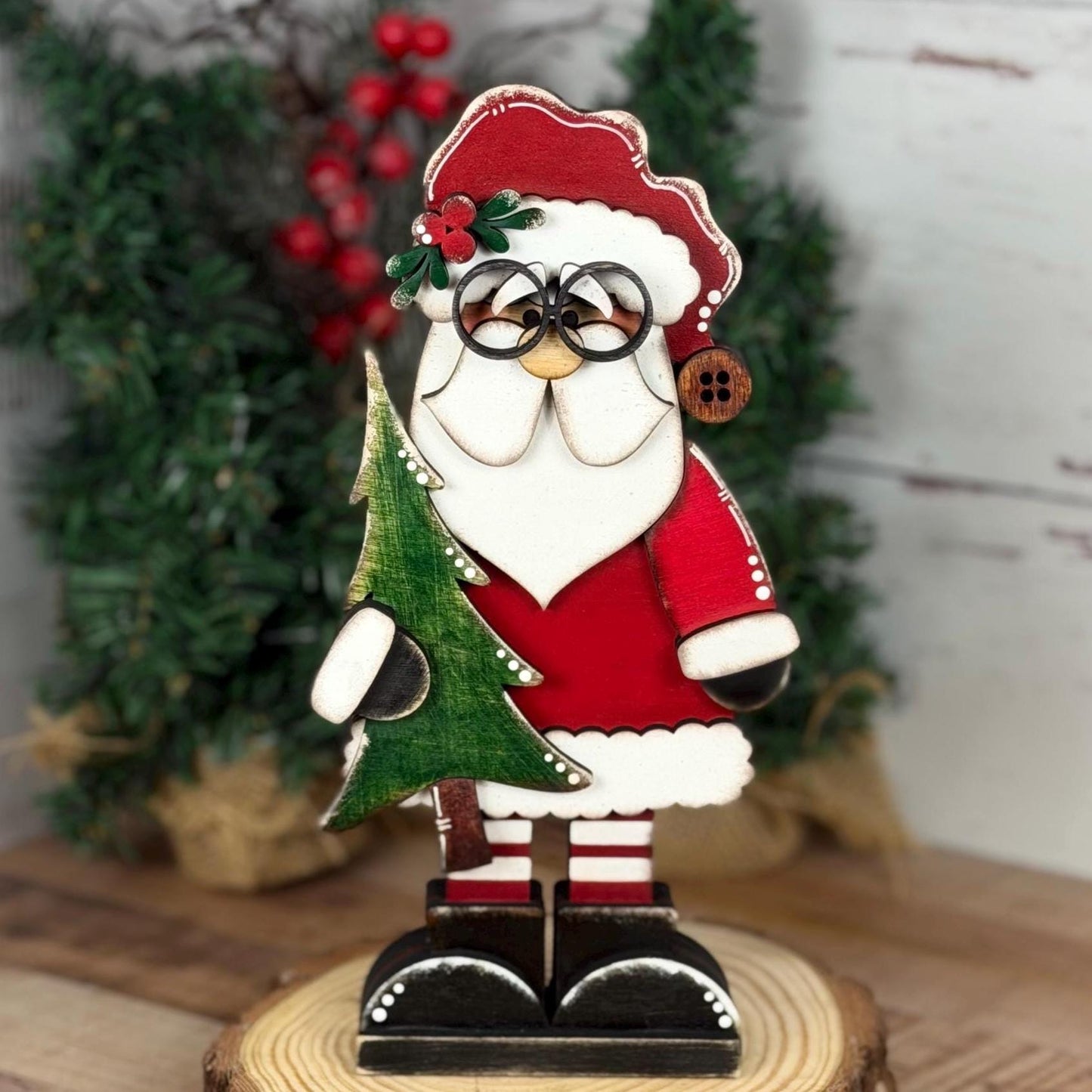 Hand Painted Chunky Santa Claus Shelf Sitter Holding a Christmas Tree