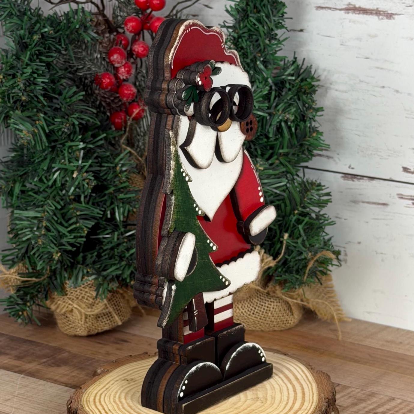 Hand Painted Chunky Santa Claus Shelf Sitter Holding a Christmas Tree