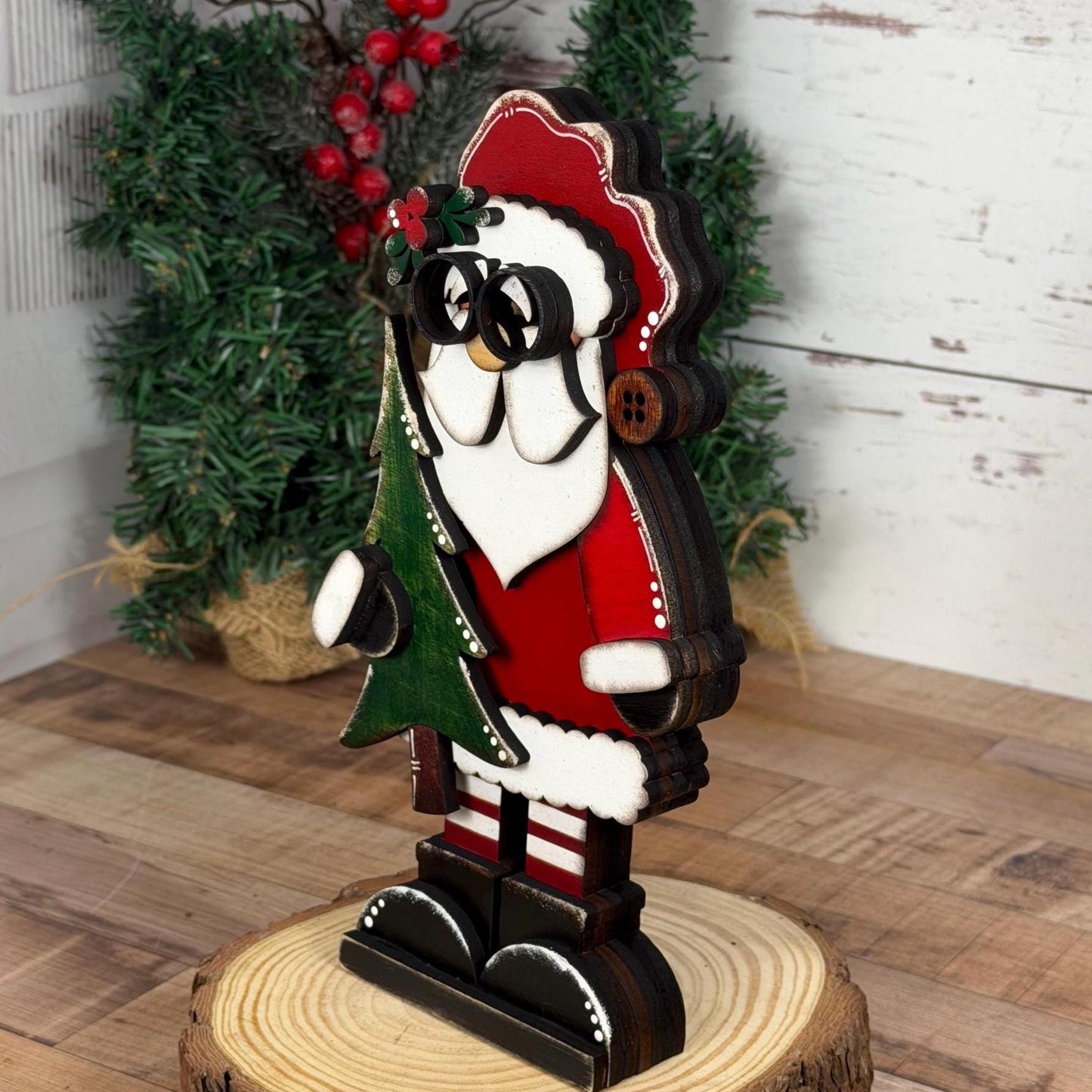 Hand Painted Chunky Santa Claus Shelf Sitter Holding a Christmas Tree