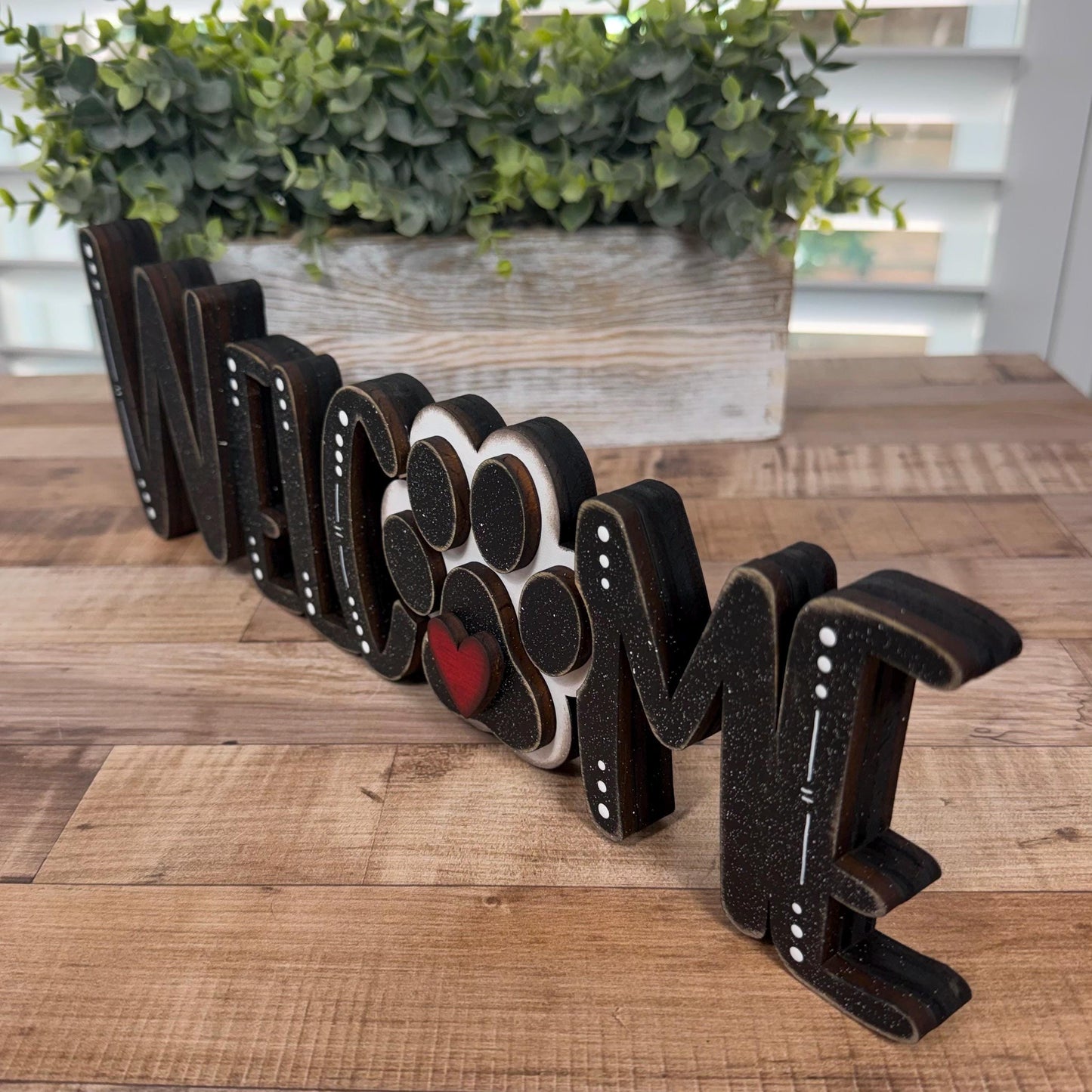 Dog Lover Welcome Sign Set, Interchangeable Mini Sign, Paw Print Welcome Word Block, Rustic Wooden Shelf Decor