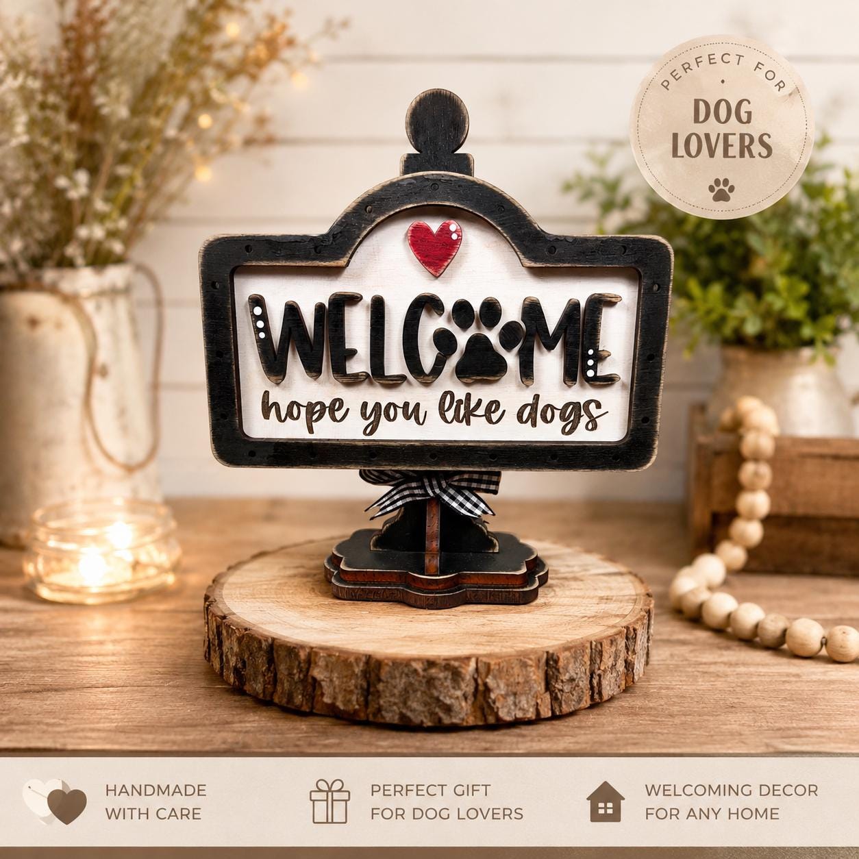 Dog Lover Welcome Sign Set, Interchangeable Mini Sign, Paw Print Welcome Word Block, Rustic Wooden Shelf Decor
