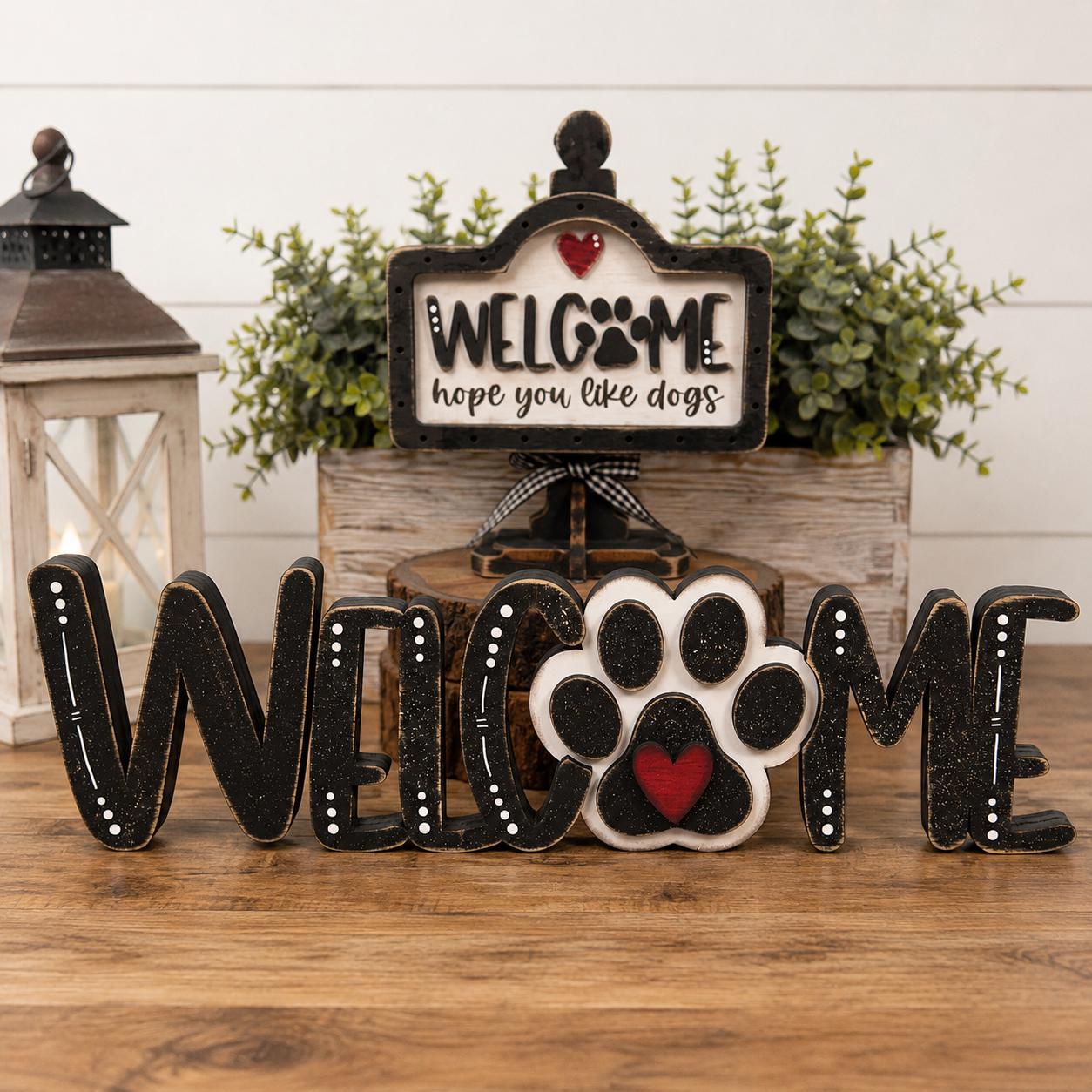 Dog Lover Welcome Sign Set, Interchangeable Mini Sign, Paw Print Welcome Word Block, Rustic Wooden Shelf Decor