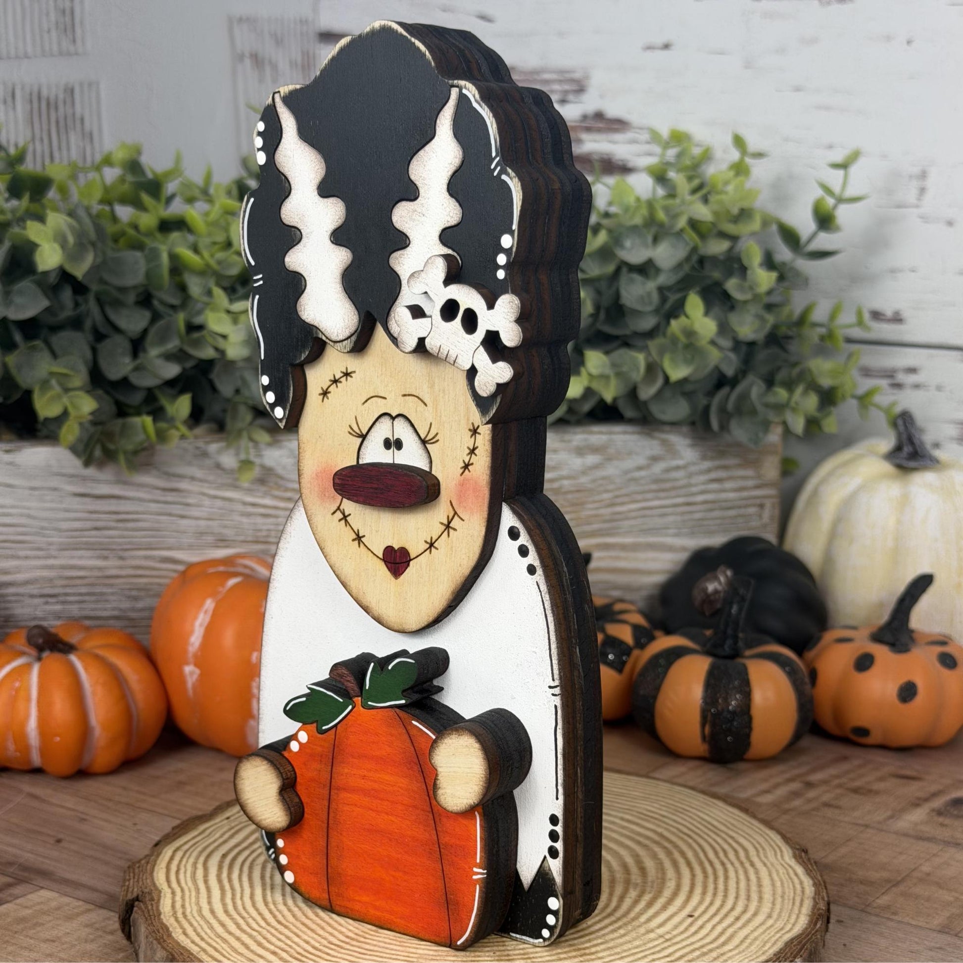 Not-So-Spooky Bride of Frankenstein Wooden Decor - Hand-Painted Halloween Tiered Tray