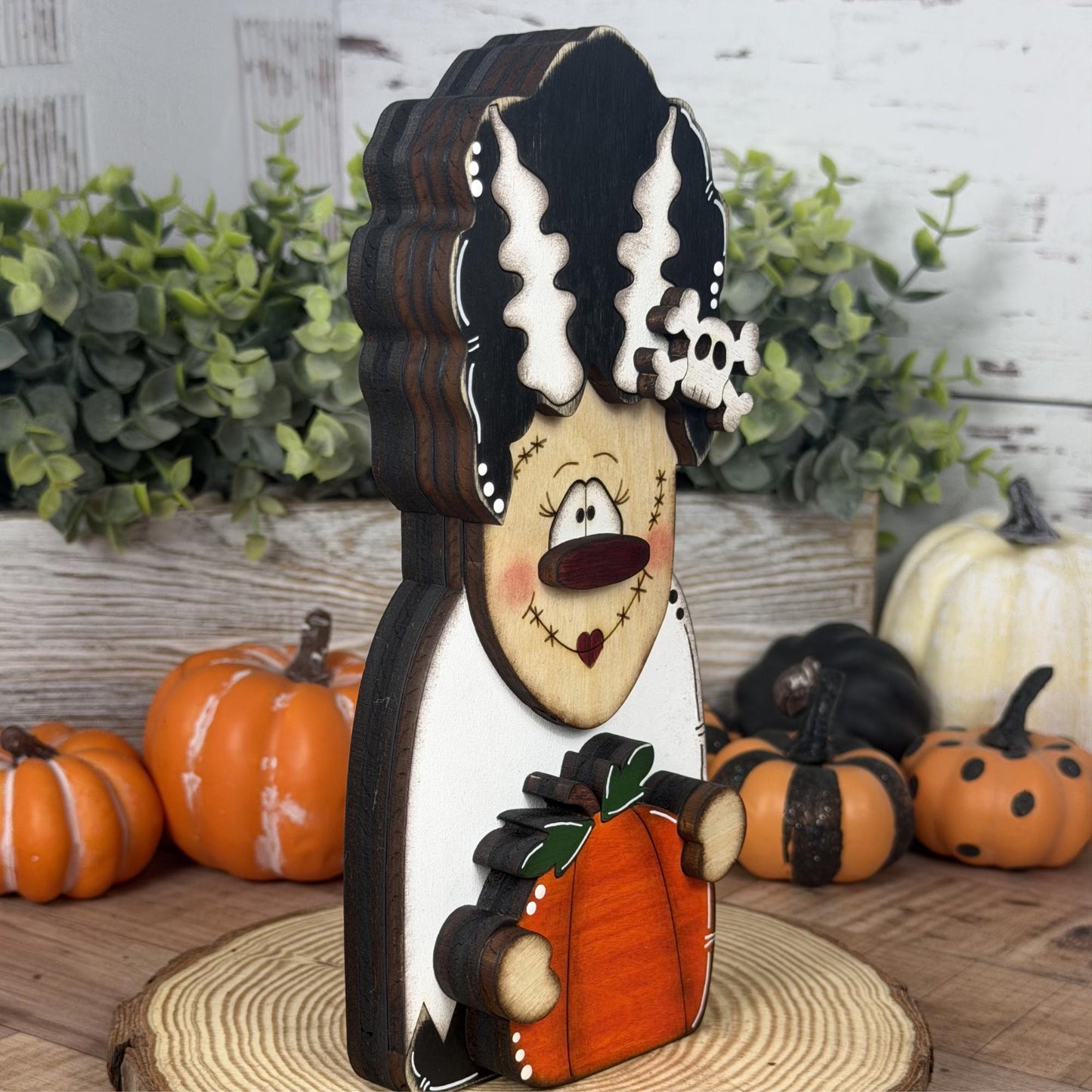 Not-So-Spooky Bride of Frankenstein Wooden Decor - Hand-Painted Halloween Tiered Tray