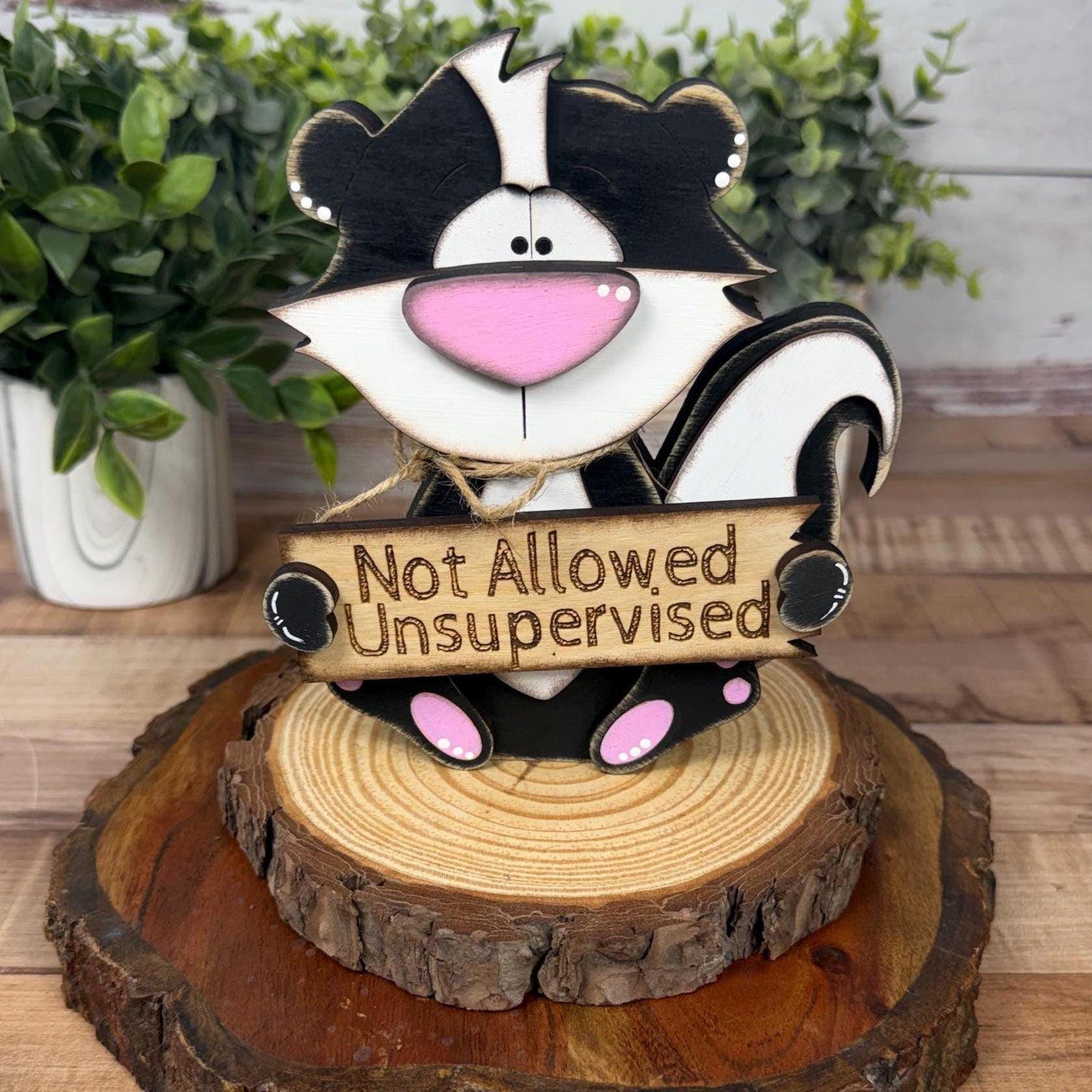 Interchangeable Skunk Shelf Sitter, Funny Woodland Decor, Hand Painted Wood Skunk