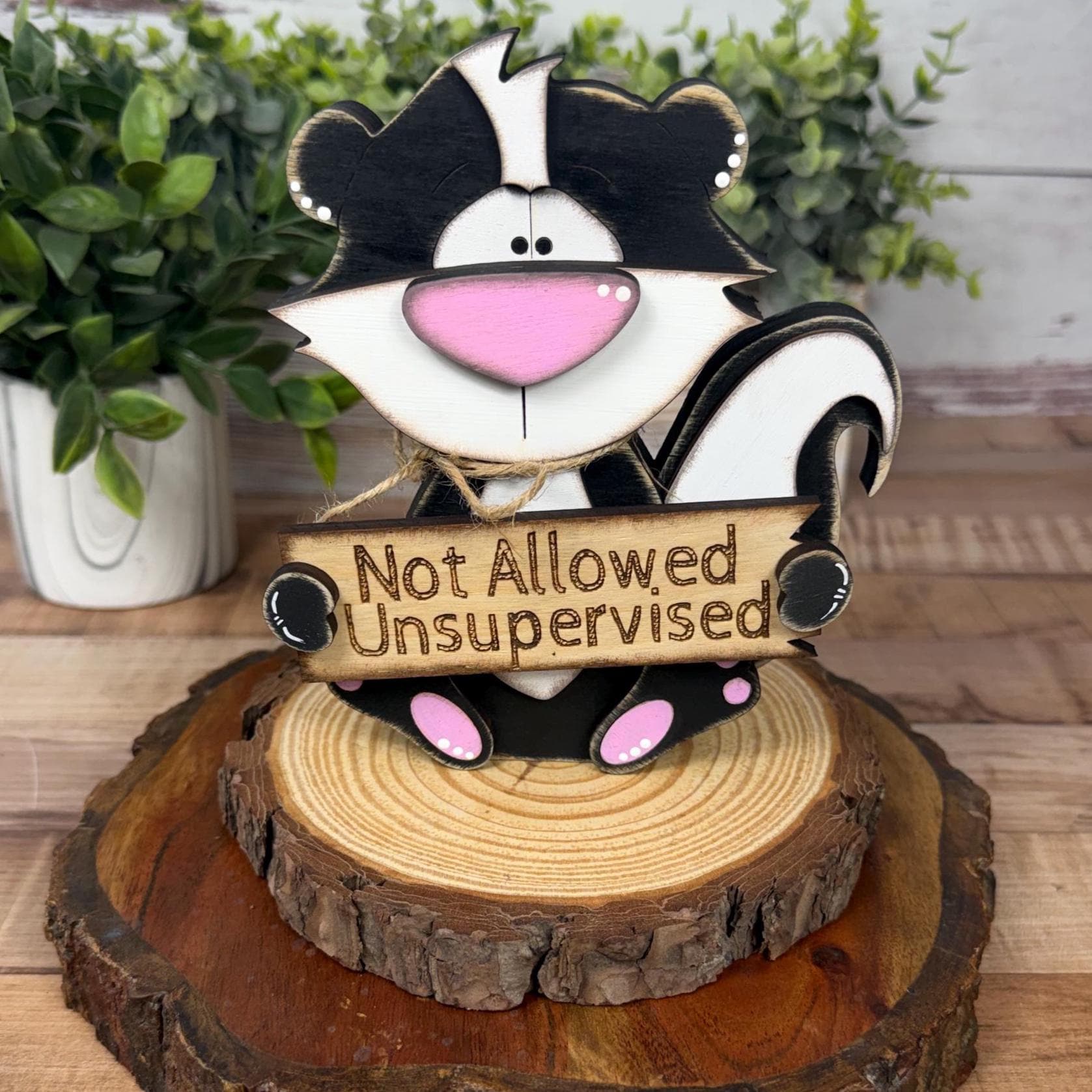 Interchangeable Skunk Shelf Sitter, Funny Woodland Decor, Hand Painted Wood Skunk