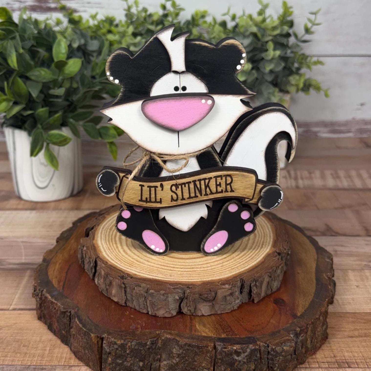 Interchangeable Skunk Shelf Sitter, Funny Woodland Decor, Hand Painted Wood Skunk