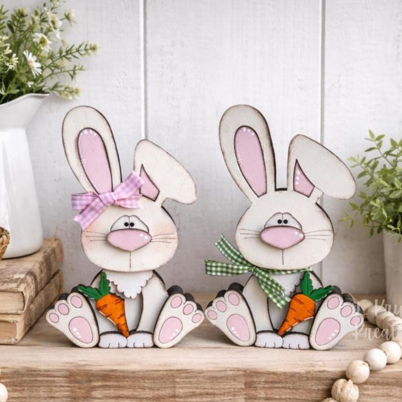 Handcrafted Wooden Bunnies Holding a Carrot - Charming Easter Accent