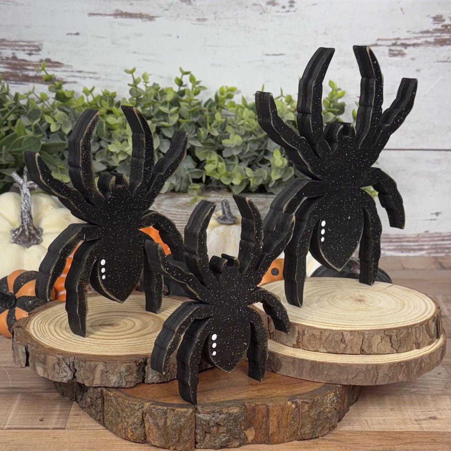 Wooden Spider Shelf Sitter Set | Hand Painted Halloween Decor | Rustic Farmhouse Spiders