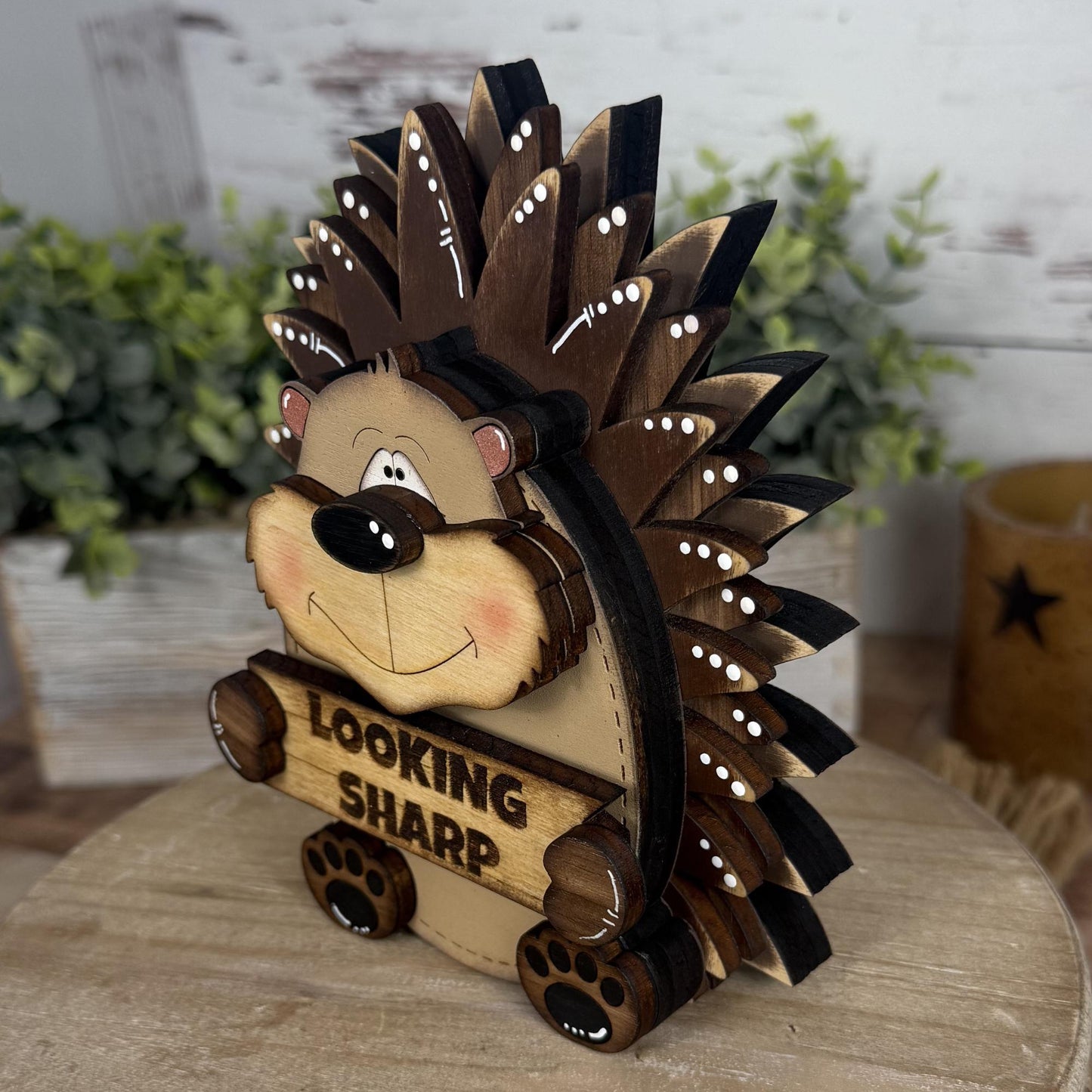 Interchangeable Porcupine with Sign, Handmade Woodland Animal, Looking Sharp