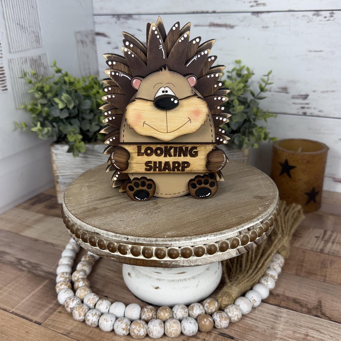 Interchangeable Porcupine with Sign, Handmade Woodland Animal, Looking Sharp