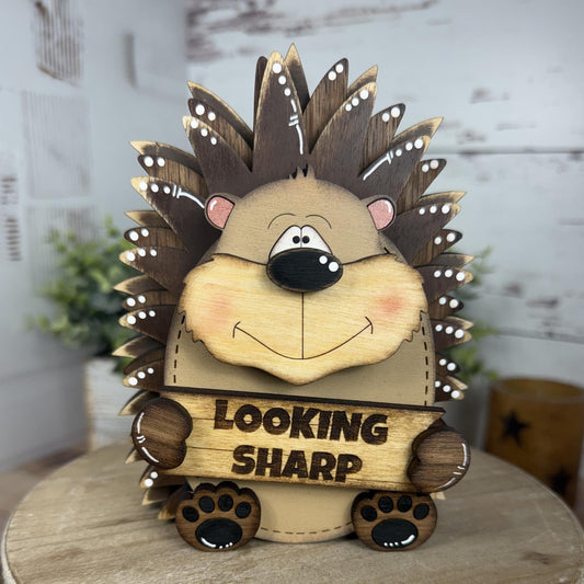 Interchangeable Porcupine with Sign, Handmade Woodland Animal, Looking Sharp