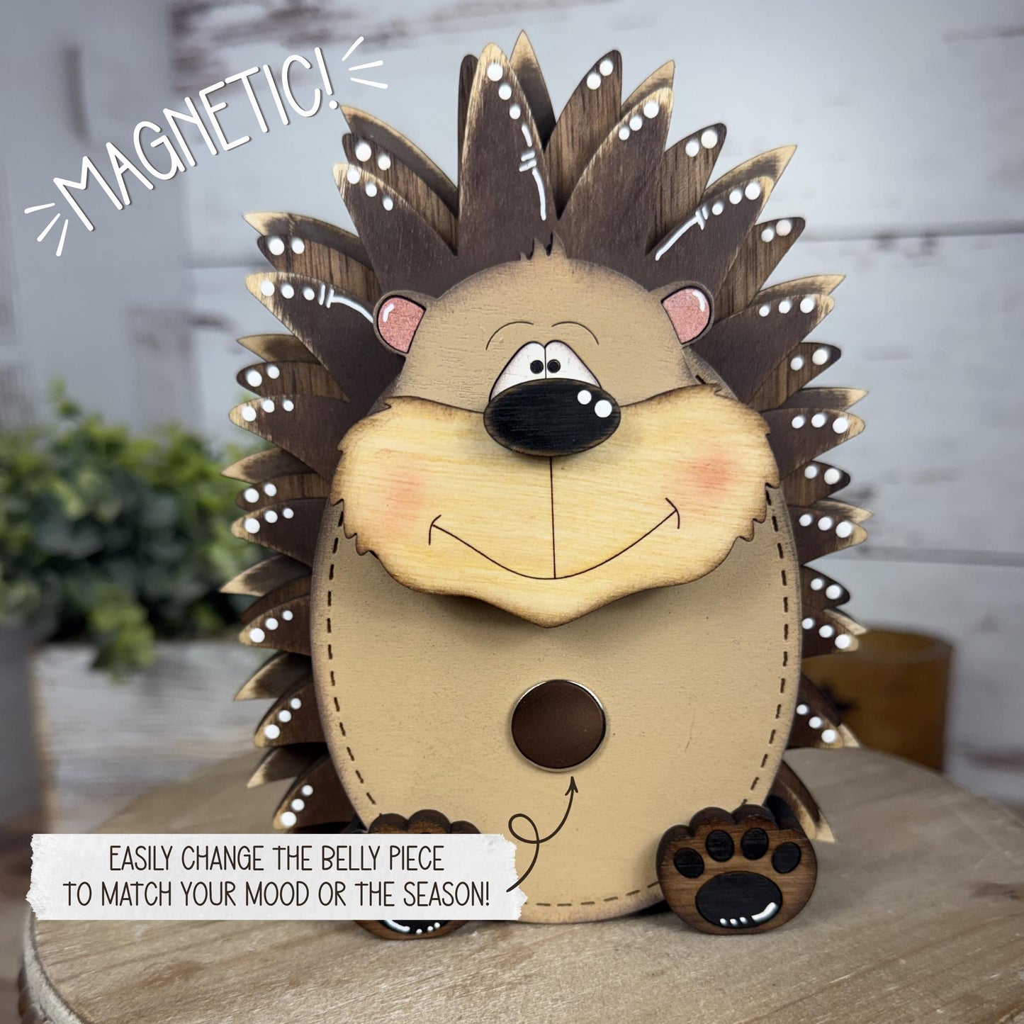 Interchangeable Porcupine with Sign, Handmade Woodland Animal, Looking Sharp