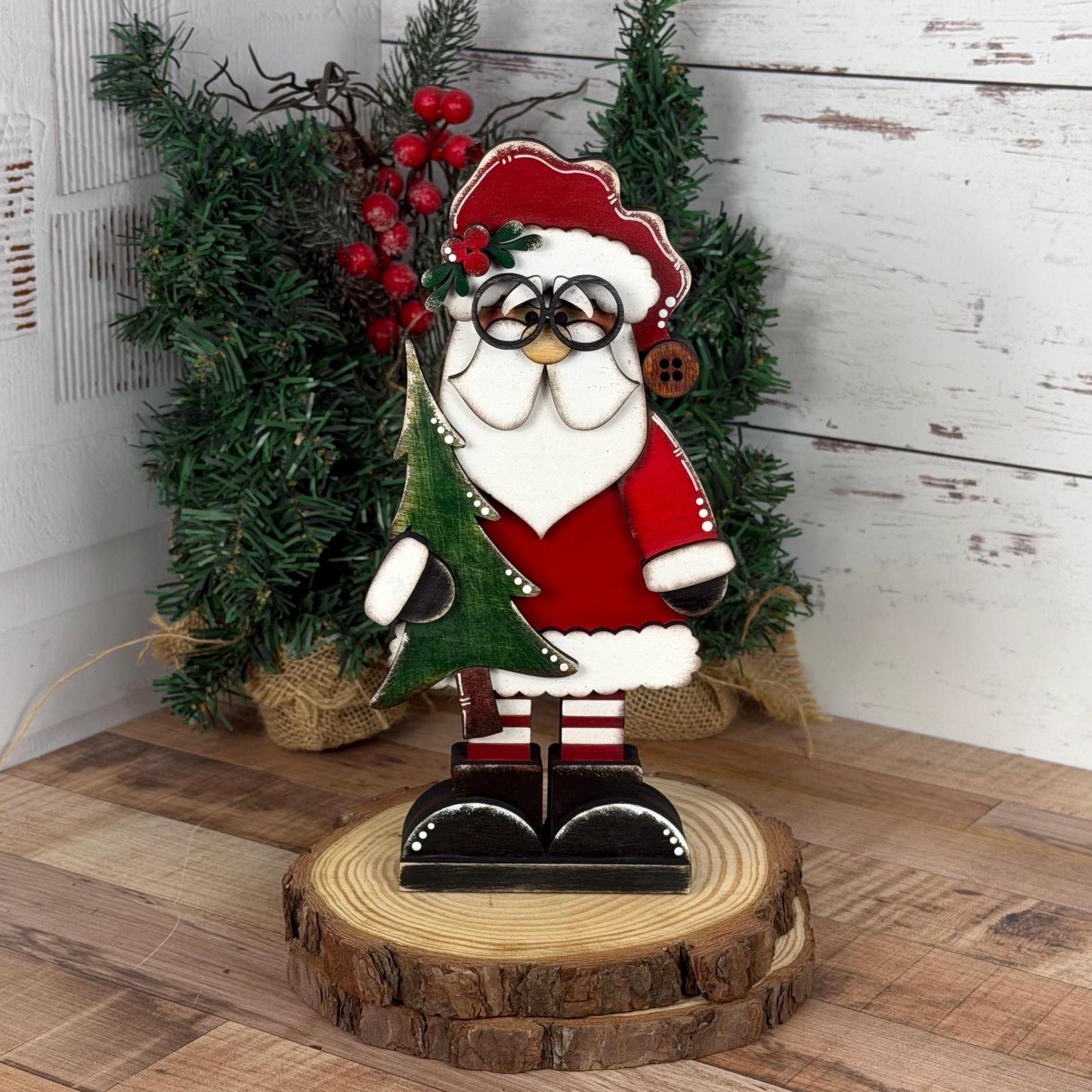 Hand Painted Chunky Santa Claus Shelf Sitter Holding a Christmas Tree