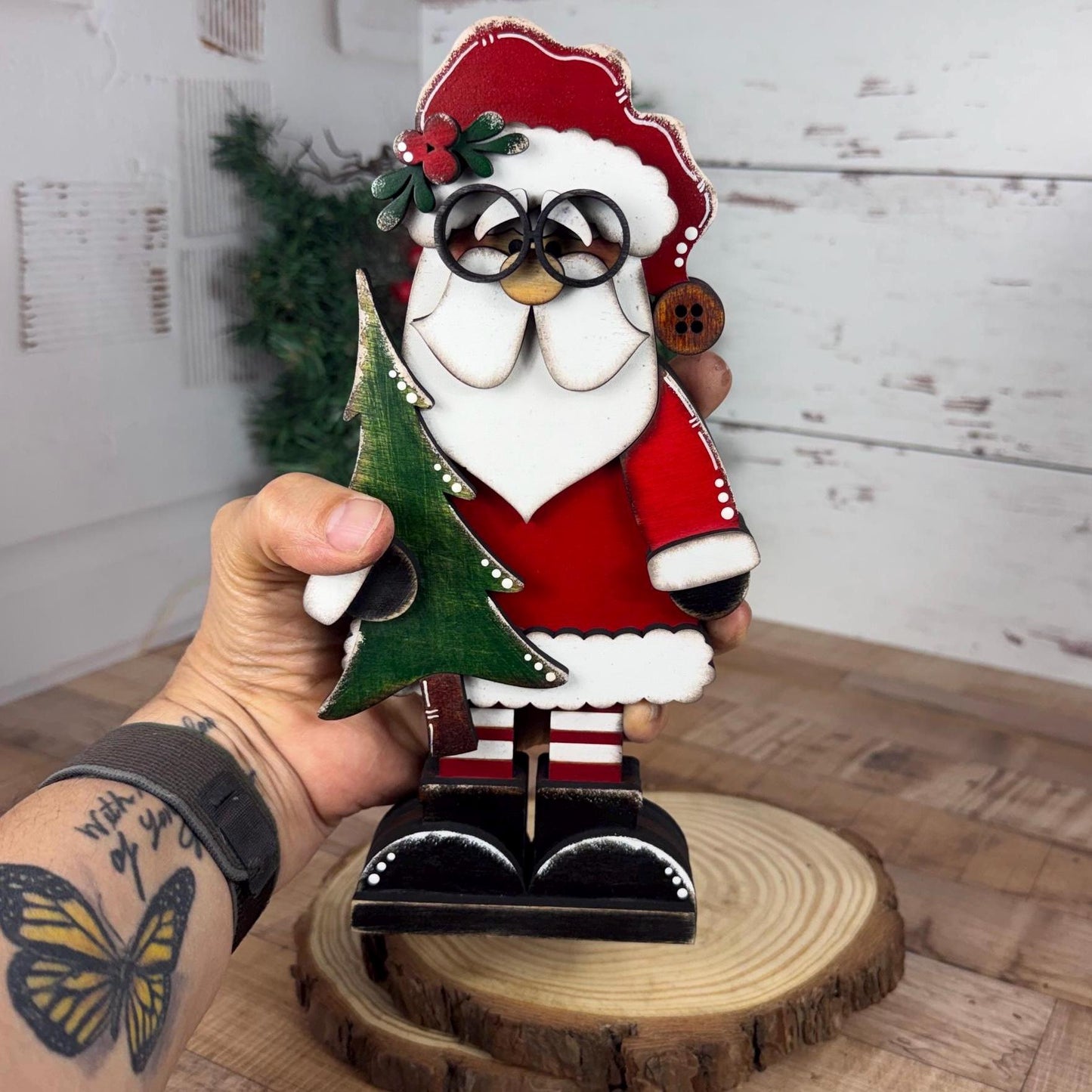 Hand Painted Chunky Santa Claus Shelf Sitter Holding a Christmas Tree