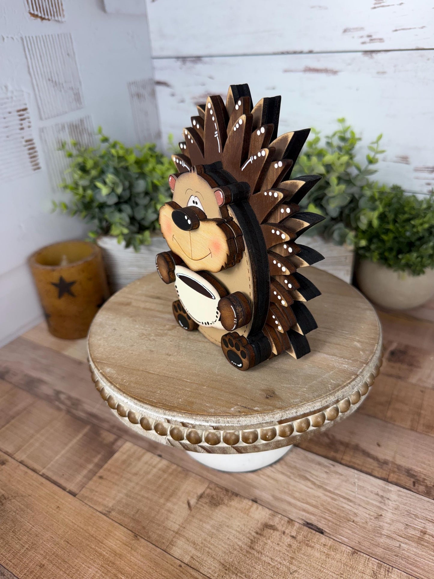 Interchangeable Porcupine with Coffee Mug, Handmade Woodland Animal