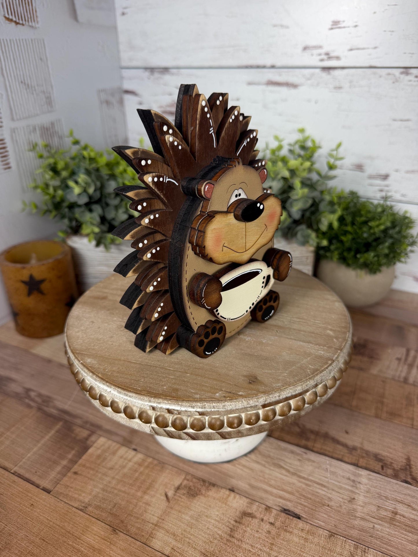 Interchangeable Porcupine with Coffee Mug, Handmade Woodland Animal