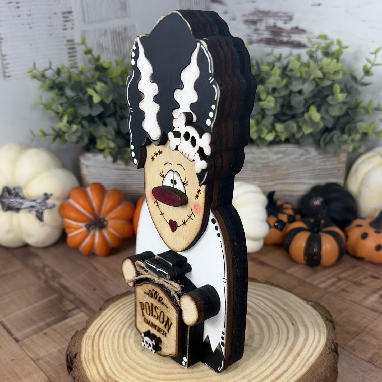Not-So-Spooky Bride of Frankenstein Wooden Decor - Hand-Painted Halloween Tiered Tray