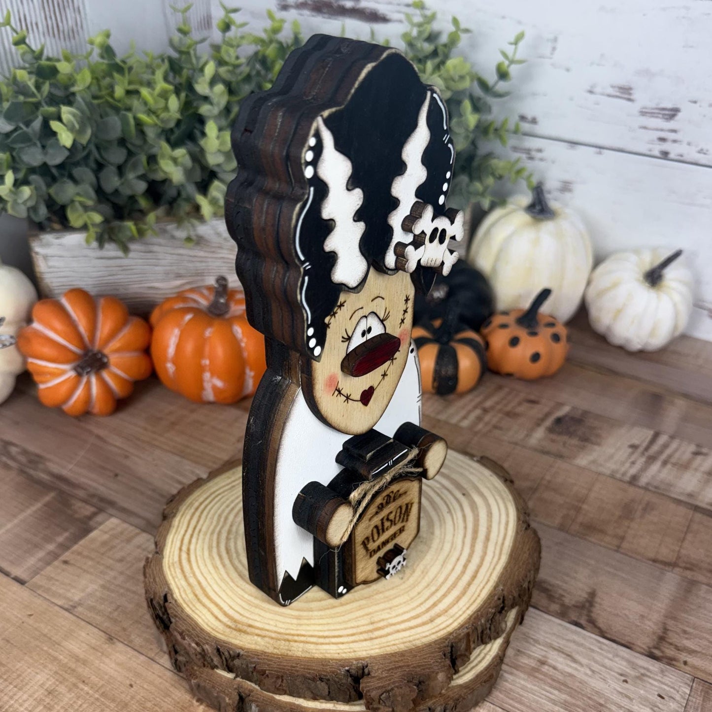 Not-So-Spooky Bride of Frankenstein Wooden Decor - Hand-Painted Halloween Tiered Tray