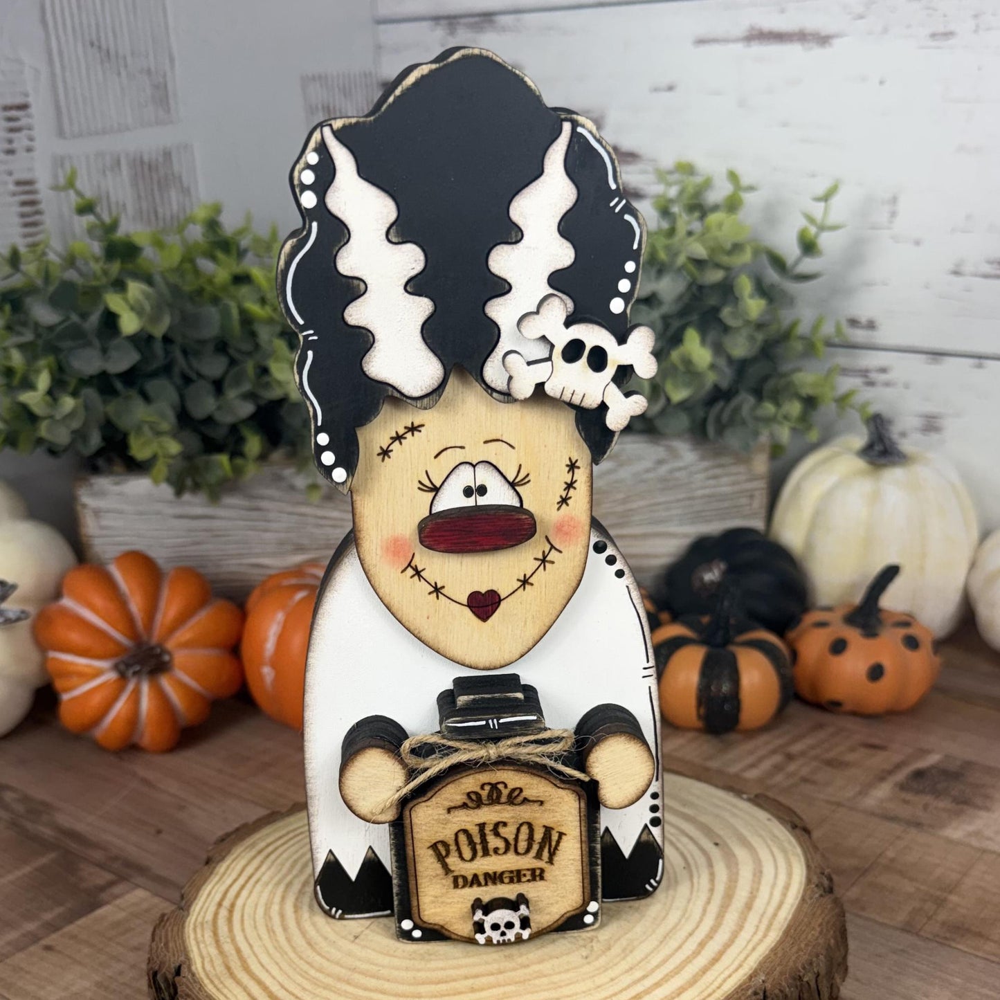 Not-So-Spooky Bride of Frankenstein Wooden Decor - Hand-Painted Halloween Tiered Tray