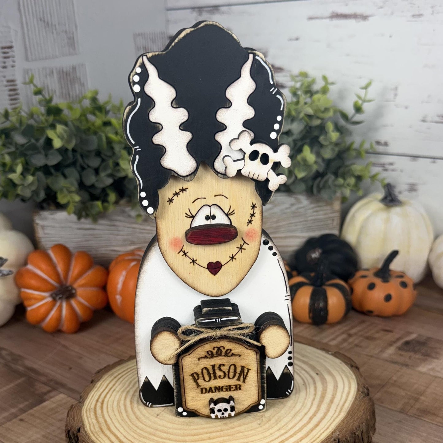Not-So-Spooky Bride of Frankenstein Wooden Decor - Hand-Painted Halloween Tiered Tray
