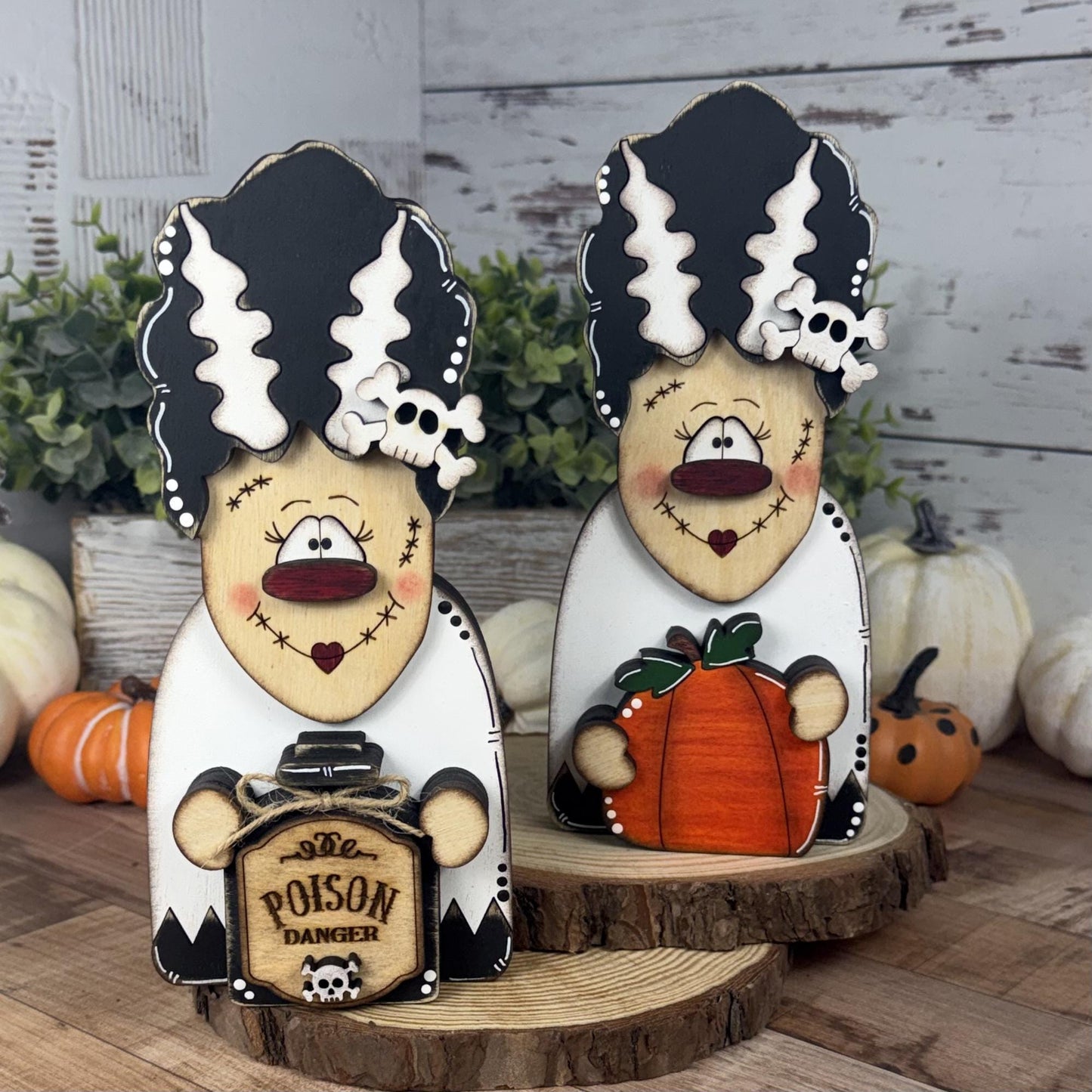 Not-So-Spooky Bride of Frankenstein Wooden Decor - Hand-Painted Halloween Tiered Tray