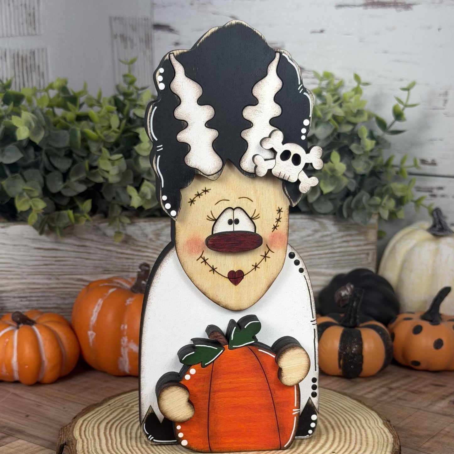 Not-So-Spooky Bride of Frankenstein Wooden Decor - Hand-Painted Halloween Tiered Tray
