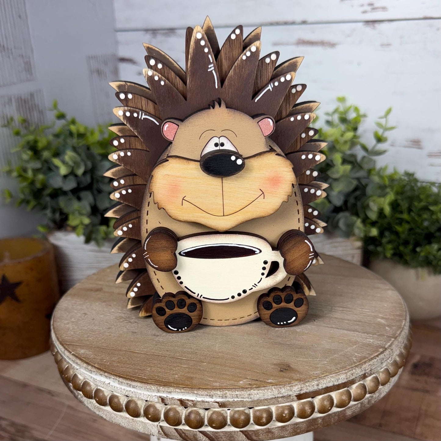Interchangeable Porcupine with Coffee Mug, Handmade Woodland Animal