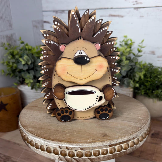 Interchangeable Porcupine with Coffee Mug, Handmade Woodland Animal