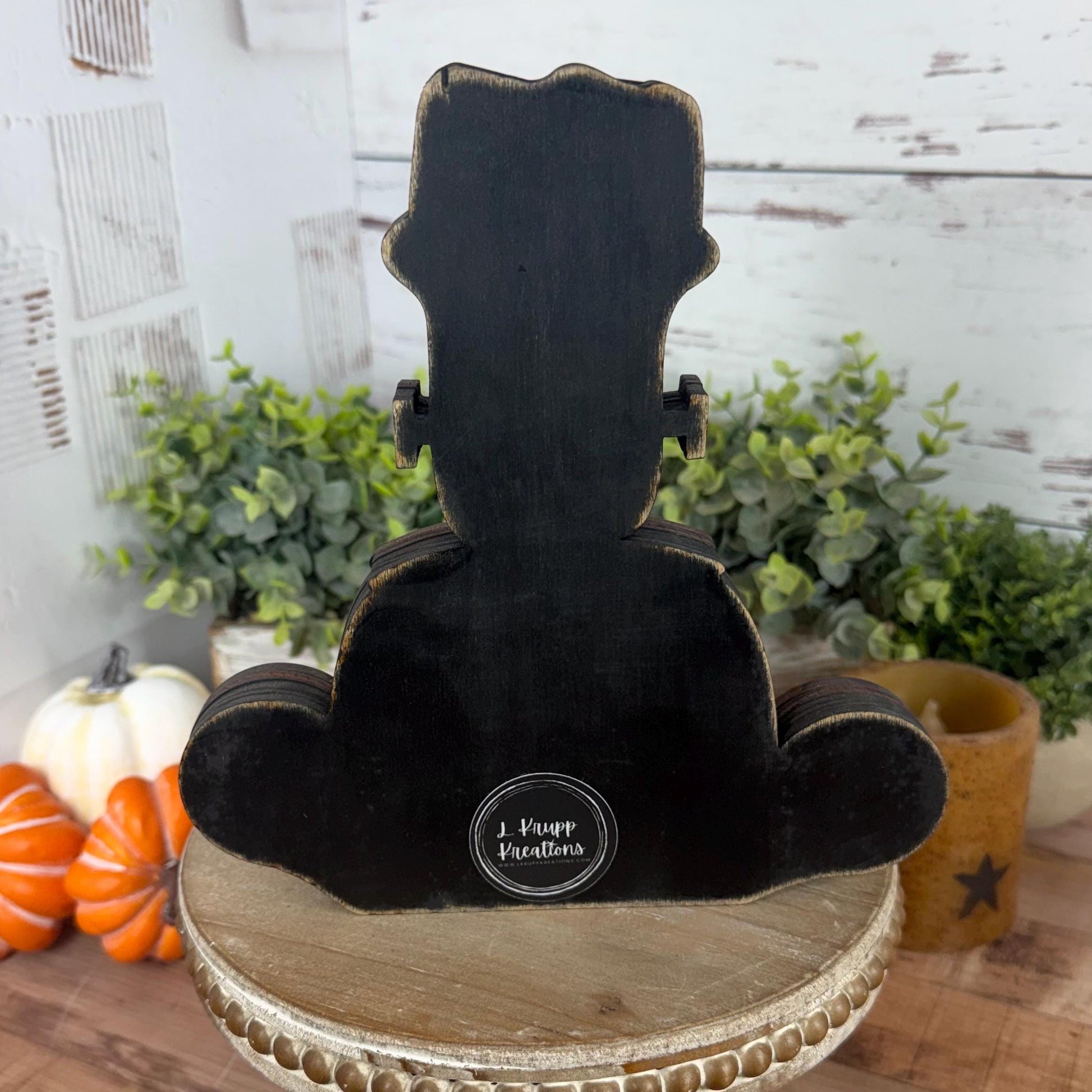 Frankenstein Wooden Shelf Sitter – Rustic Farmhouse Halloween Decor, Chunky Wood Accent