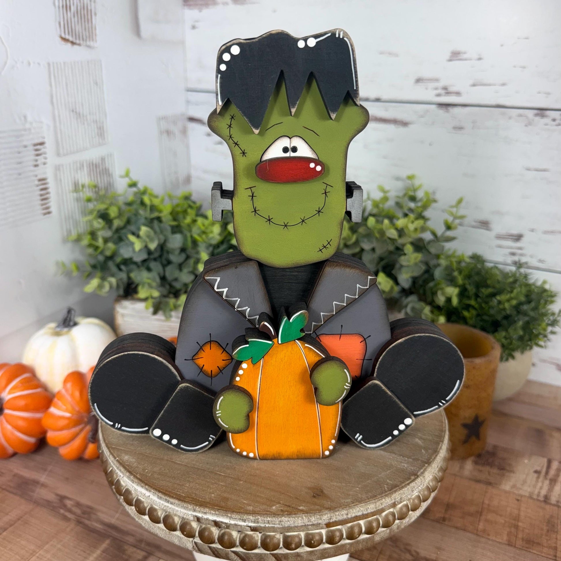 Frankenstein Wooden Shelf Sitter – Rustic Farmhouse Halloween Decor, Chunky Wood Accent