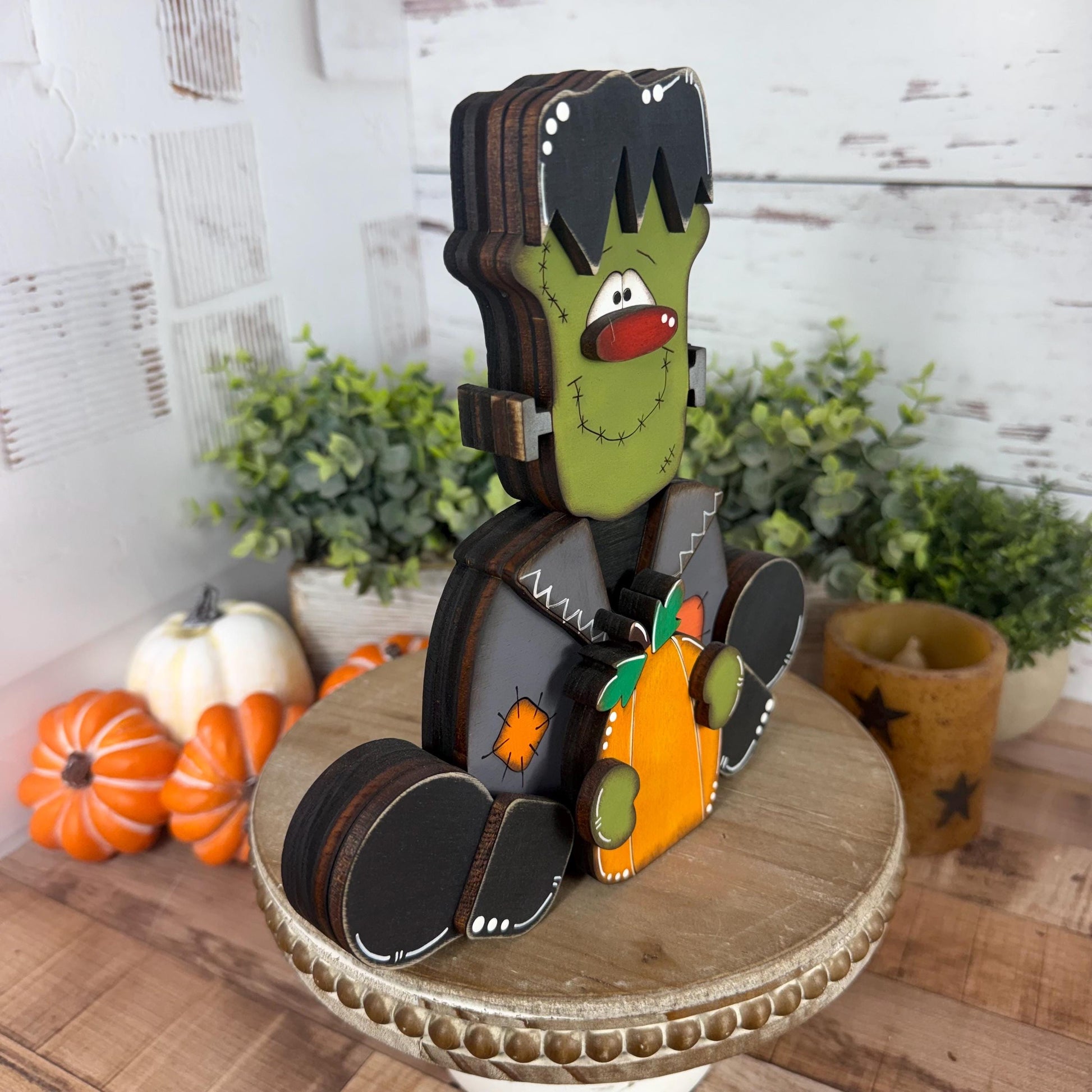 Frankenstein Wooden Shelf Sitter – Rustic Farmhouse Halloween Decor, Chunky Wood Accent
