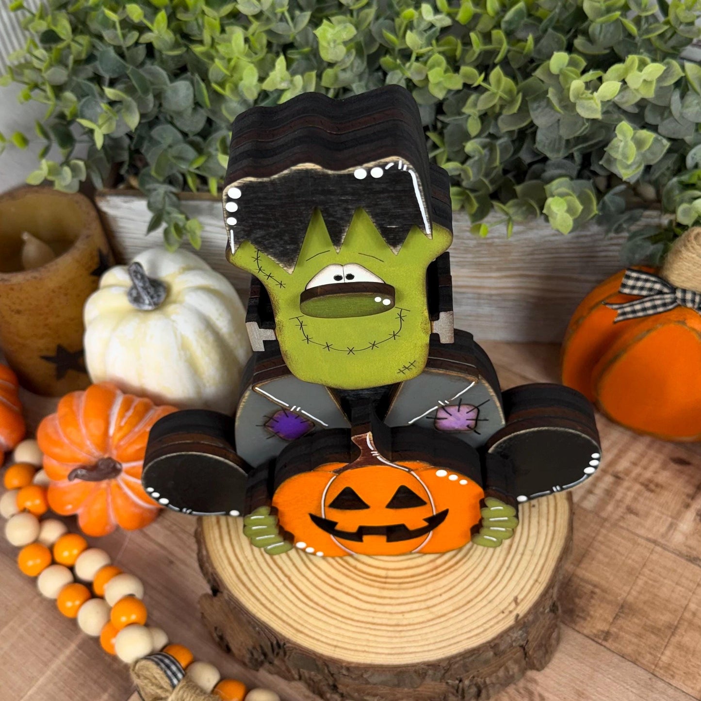 Frankenstein Holding a Jack-o-Lantern Wooden Shelf Sitter  Rustic Farmhouse Halloween Decor, Chunky Wood Accent