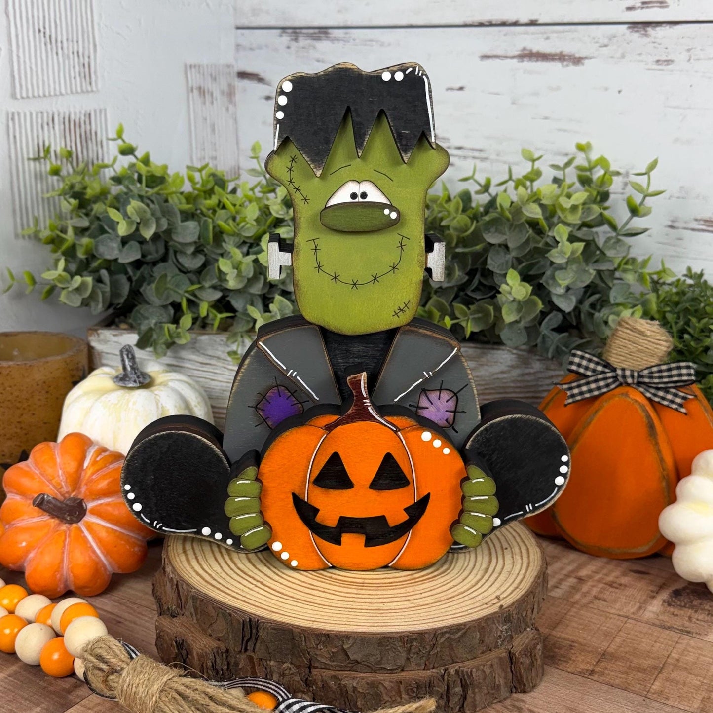 Frankenstein Holding a Jack-o-Lantern Wooden Shelf Sitter  Rustic Farmhouse Halloween Decor, Chunky Wood Accent