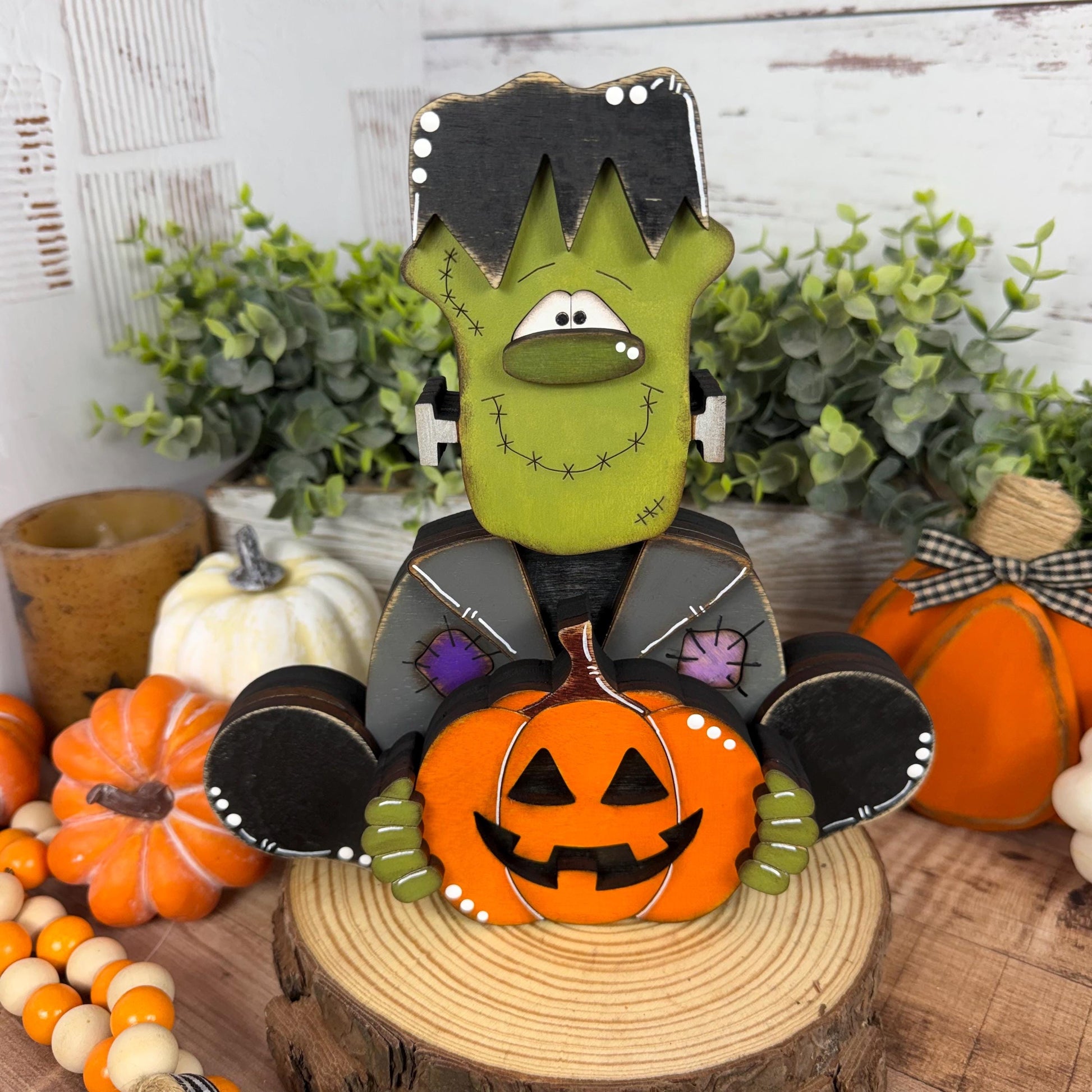 Frankenstein Holding a Jack-o-Lantern Wooden Shelf Sitter Rustic Farmhouse Halloween Decor, Chunky Wood Accent