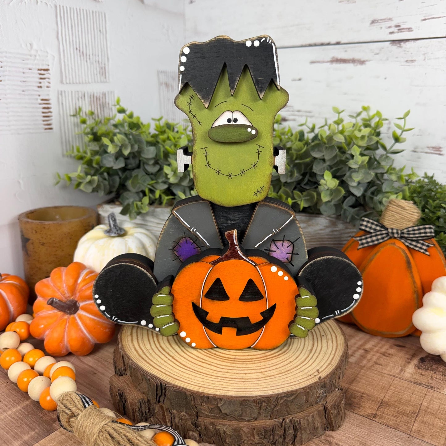 Frankenstein Holding a Jack-o-Lantern Wooden Shelf Sitter  Rustic Farmhouse Halloween Decor, Chunky Wood Accent