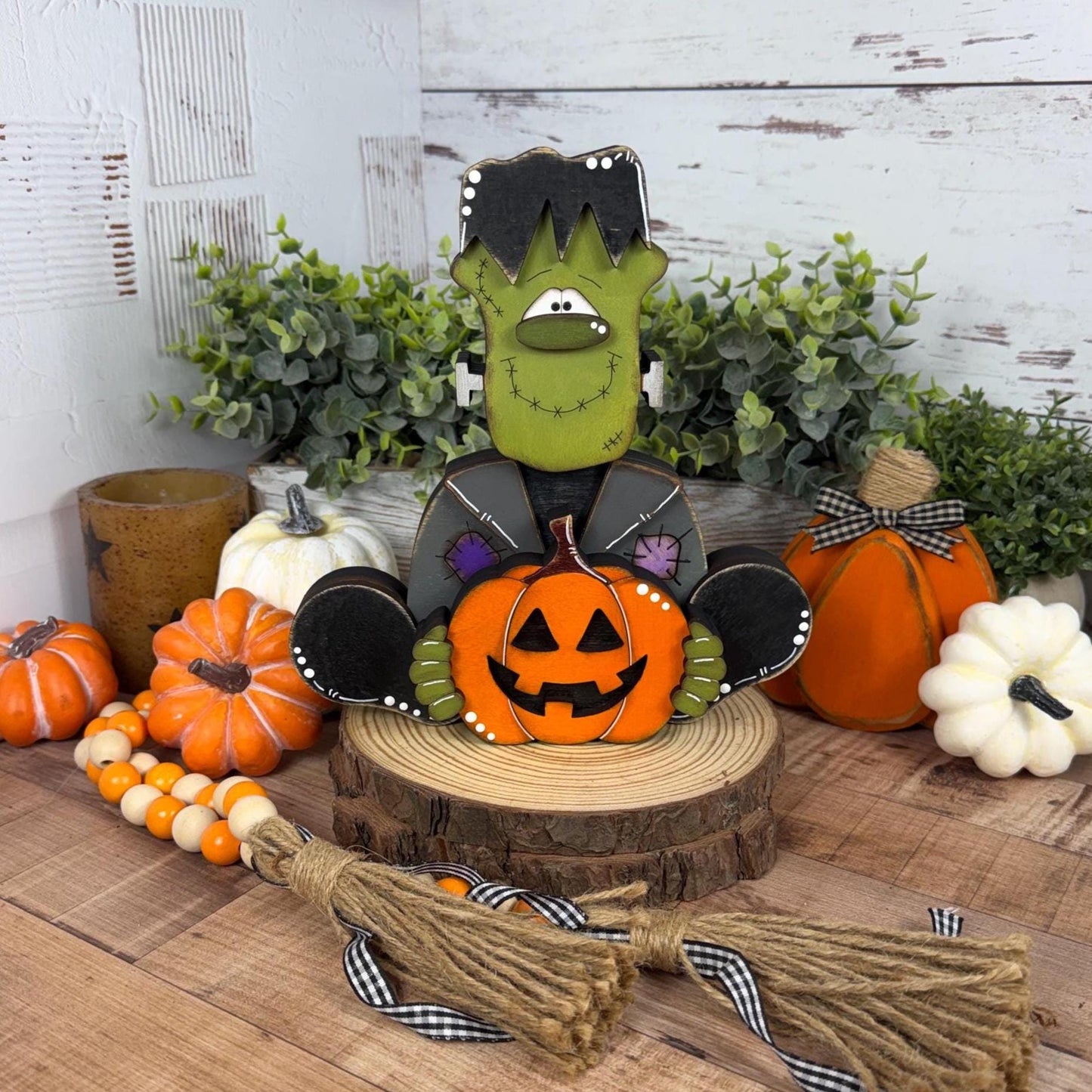 Frankenstein Holding a Jack-o-Lantern Wooden Shelf Sitter  Rustic Farmhouse Halloween Decor, Chunky Wood Accent
