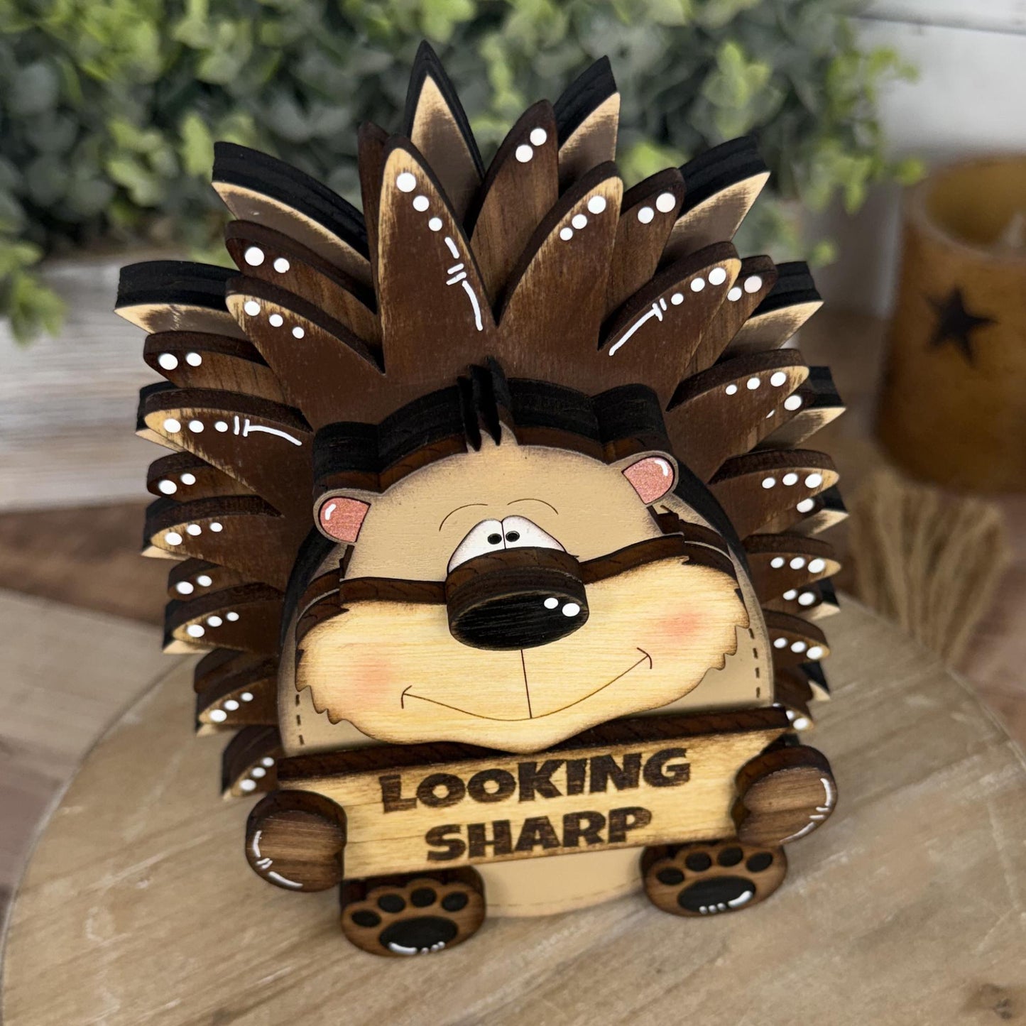 Interchangeable Porcupine with Sign, Handmade Woodland Animal, Looking Sharp