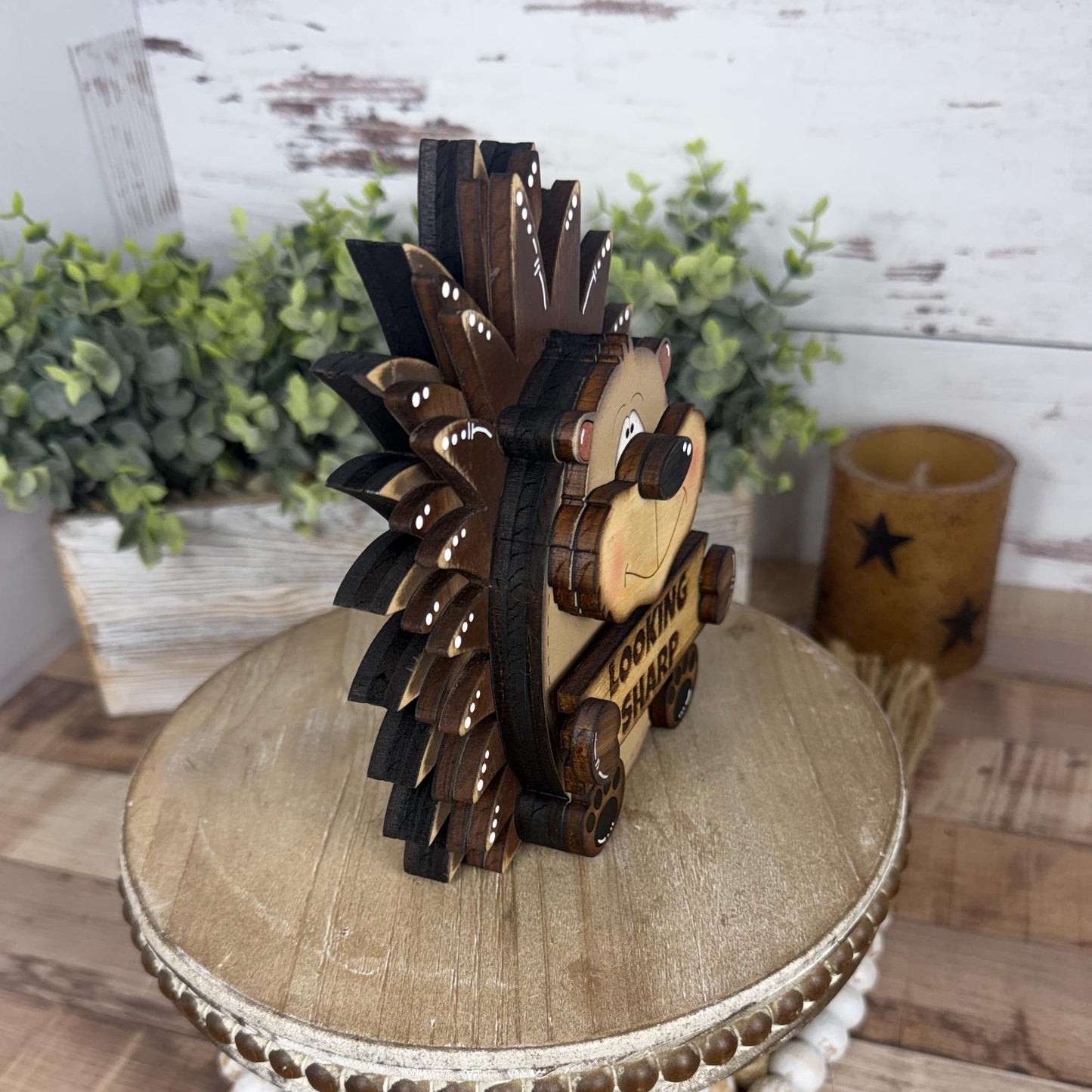 Interchangeable Porcupine with Sign, Handmade Woodland Animal, Looking Sharp