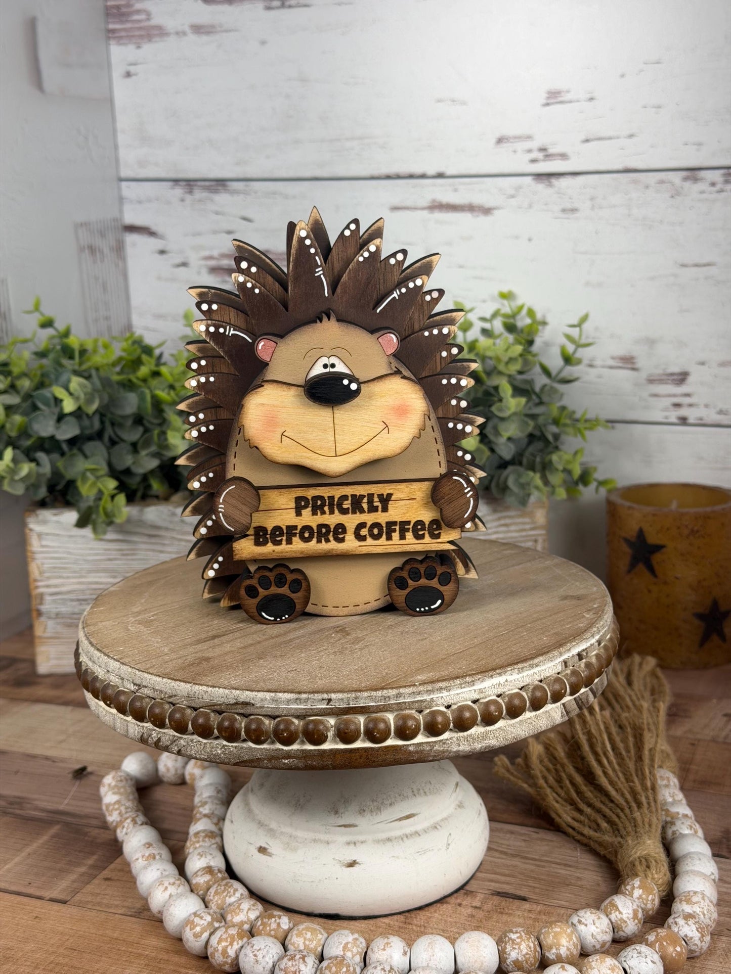 Interchangeable Porcupine with Sign, Handmade Woodland Animal, Looking Sharp