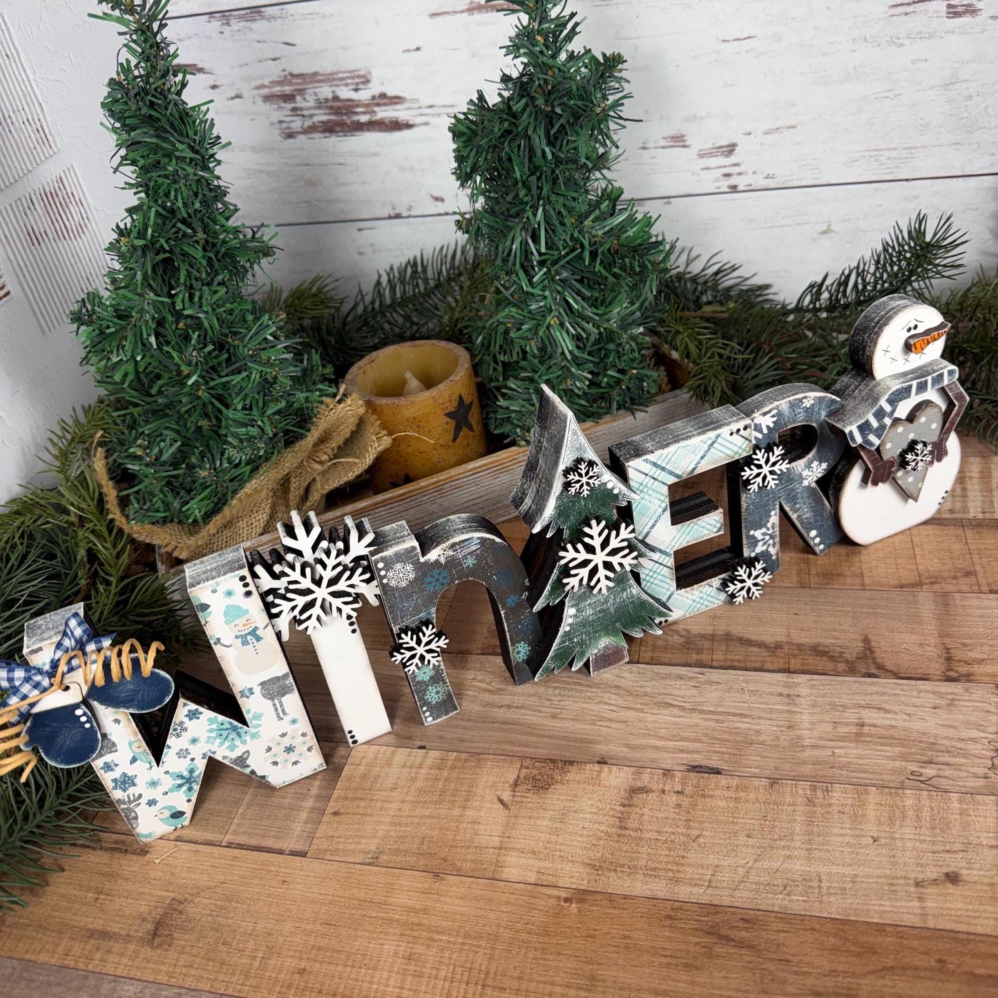Wooden Winter Shelf Sitter with Snowman, Farmhouse Winter Decor for Mantels, Shelves, and Tables