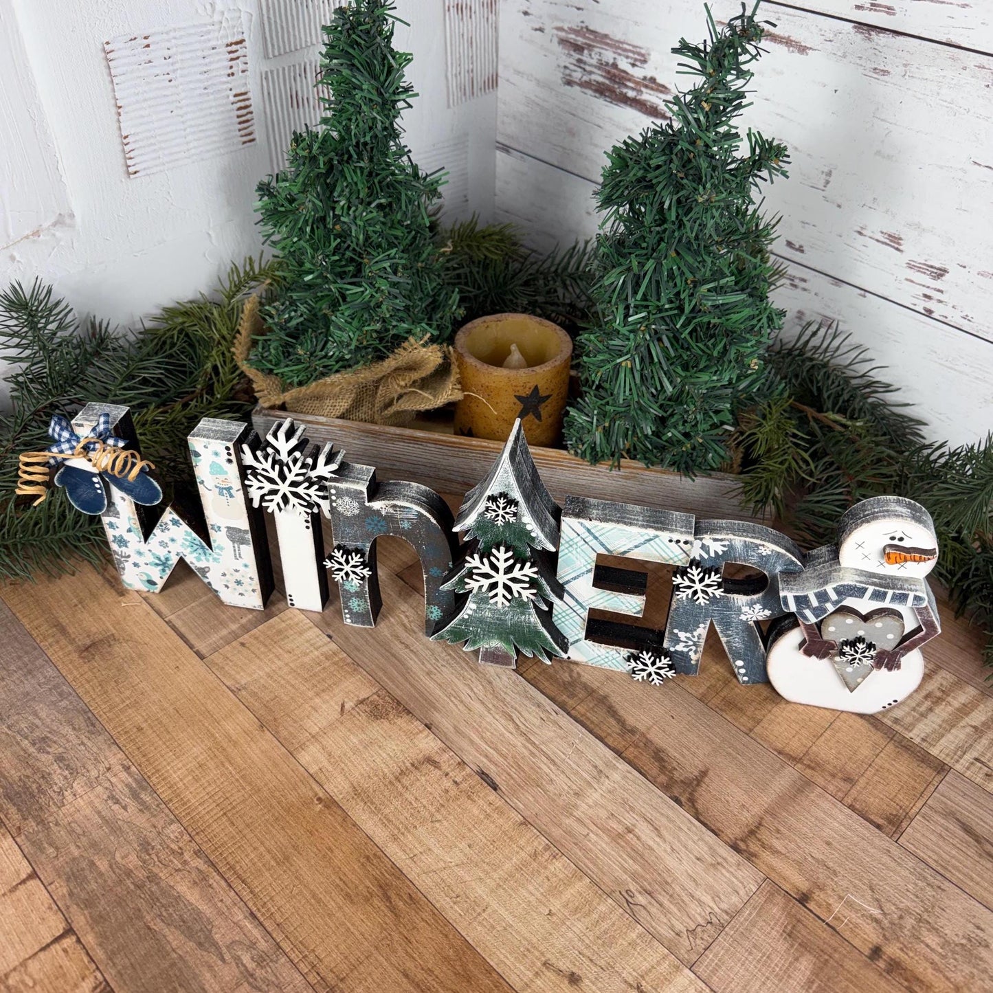 Wooden Winter Shelf Sitter with Snowman, Farmhouse Winter Decor for Mantels, Shelves, and Tables