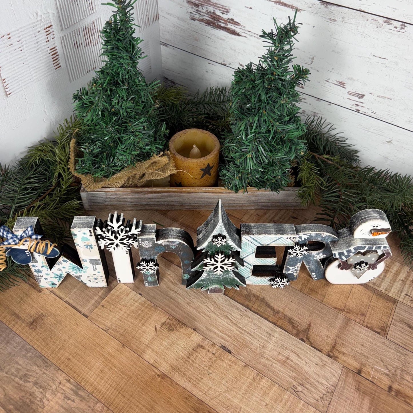 Wooden Winter Shelf Sitter with Snowman, Farmhouse Winter Decor for Mantels, Shelves, and Tables