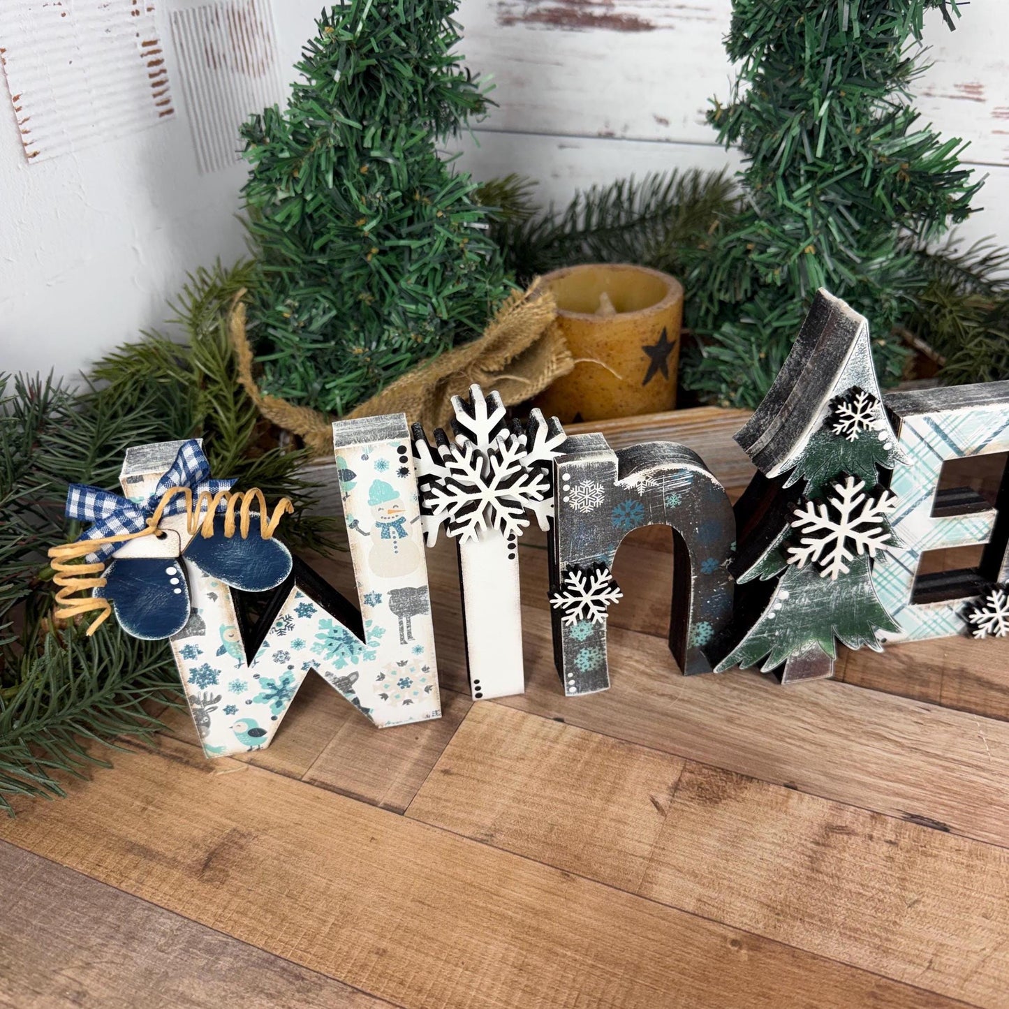 Wooden Winter Shelf Sitter with Snowman, Farmhouse Winter Decor for Mantels, Shelves, and Tables