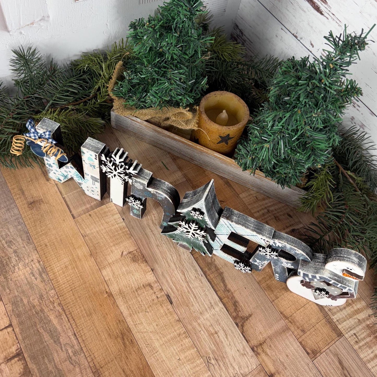 Wooden Winter Shelf Sitter with Snowman, Farmhouse Winter Decor for Mantels, Shelves, and Tables