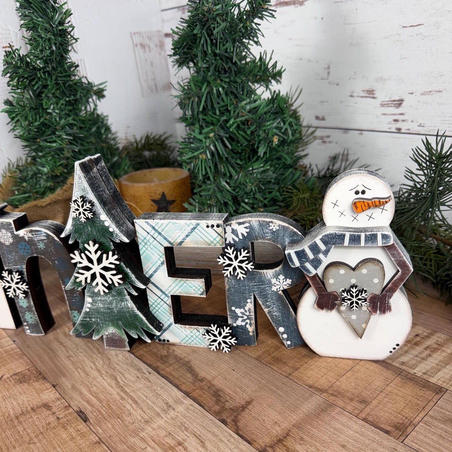 Wooden Winter Shelf Sitter with Snowman, Farmhouse Winter Decor for Mantels, Shelves, and Tables