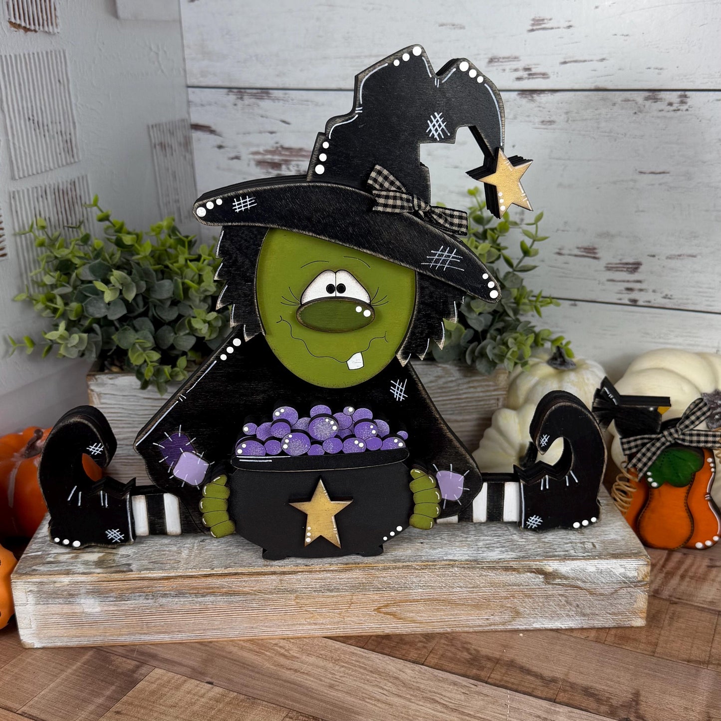 Rustic Hand-Painted Wooden Witch with Cauldron  Large Adorable Fall & Halloween Decor